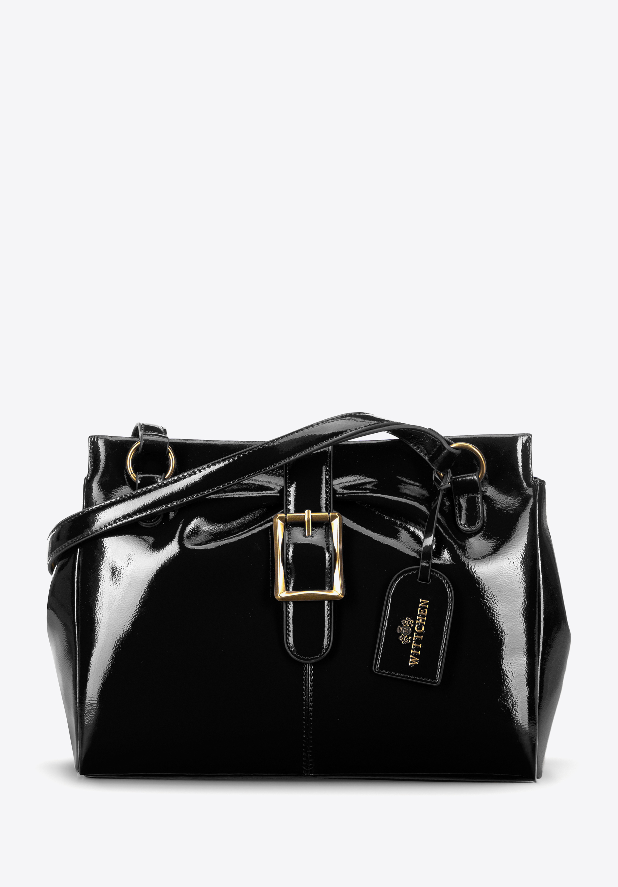 Damen Lacklederkoffer mit Riemen, schwarz, 100-4E-222-1, Bild 1