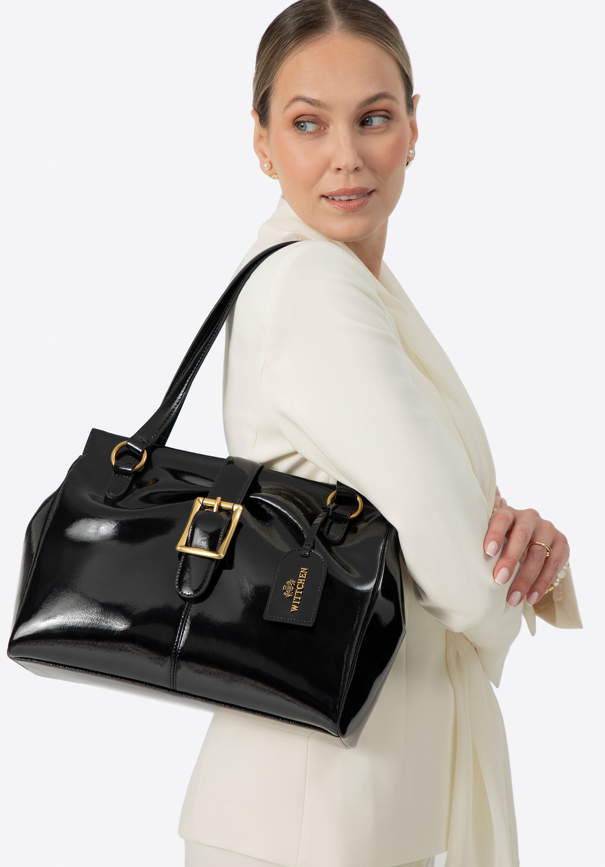 Damen Lacklederkoffer mit Riemen, schwarz, 100-4E-222-1, Bild 1