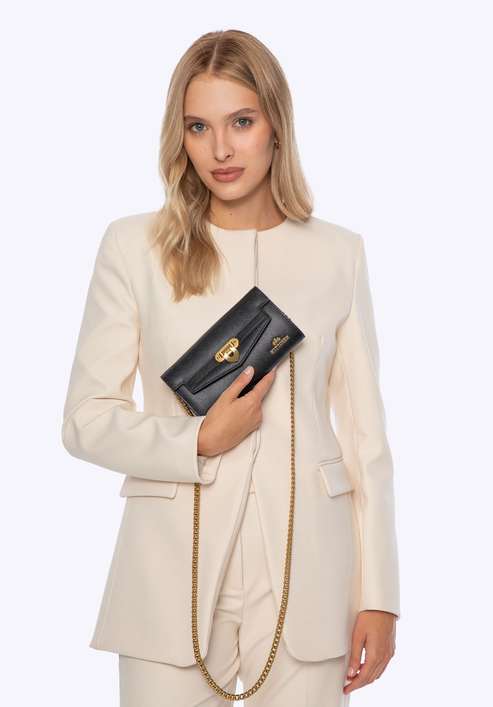 Damen Leder Clutch mit Ketten-Schulterriemen, schwarz, 101-4E-216-1, Bild 1