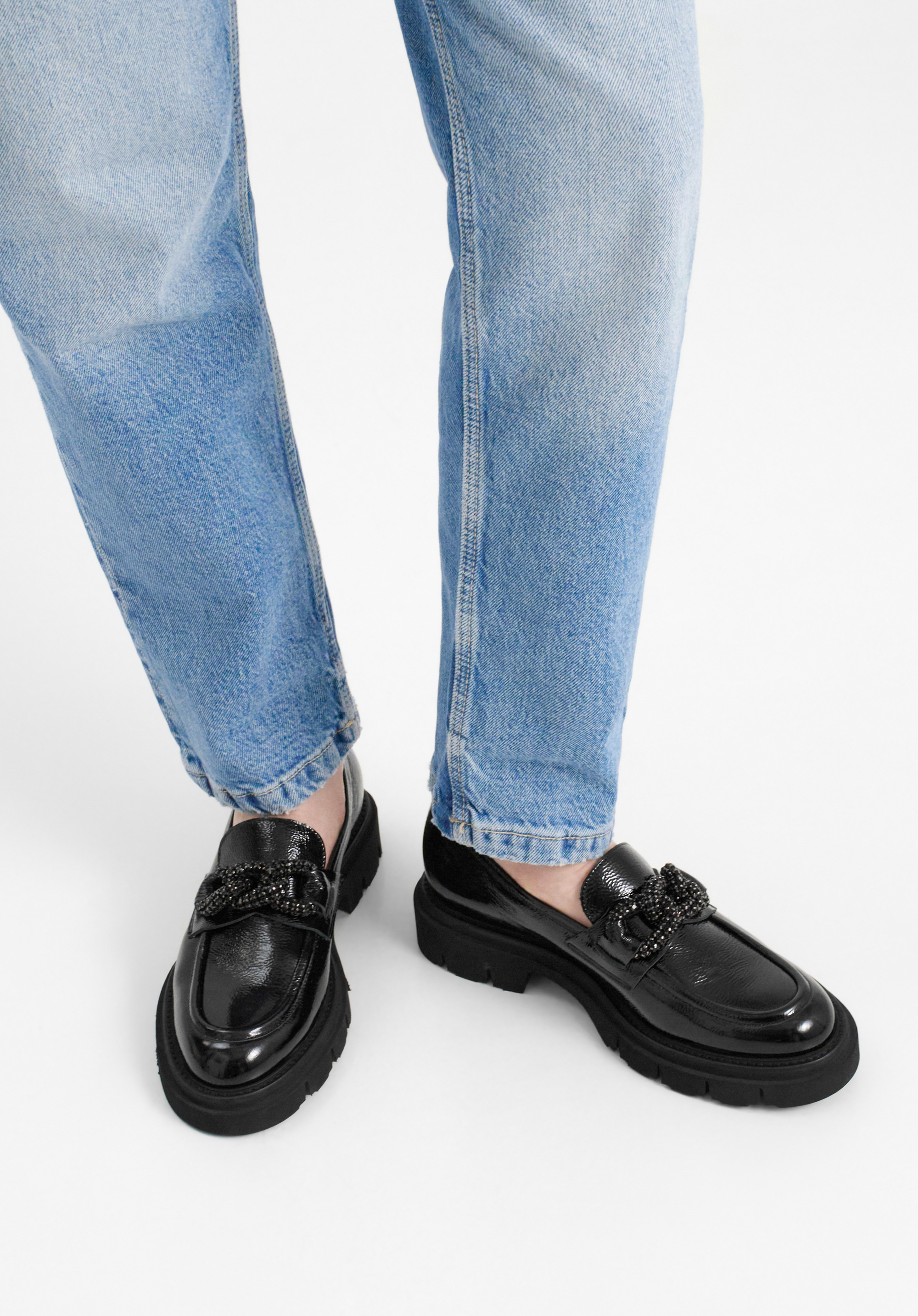 Damen Leder Mokassins mit Strasskette, schwarz, 97-D-106-1-38, Bild 1