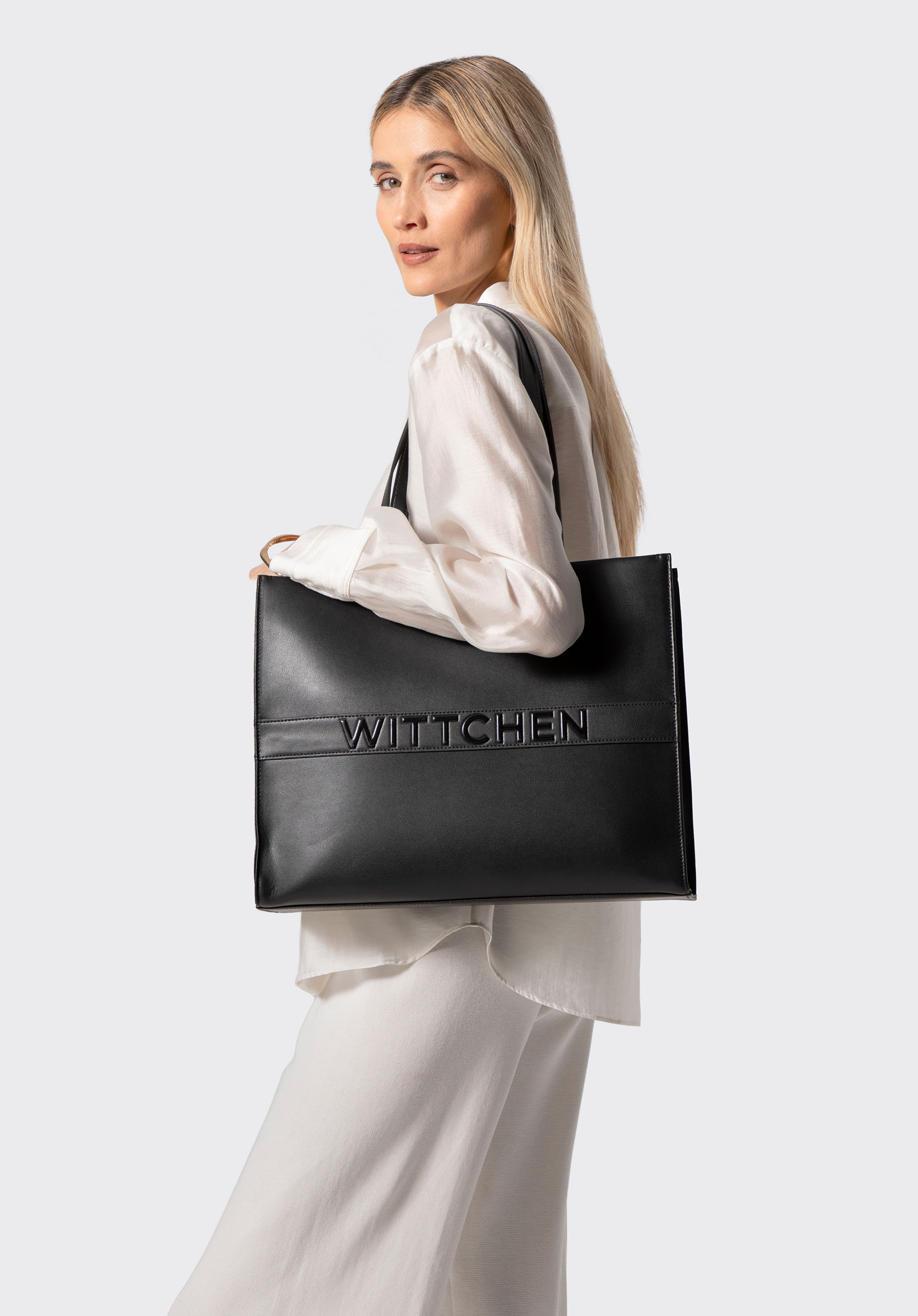 Damen Leder Shopper mit großem Logo, schwarz, 100-4E-635-1, Bild 1