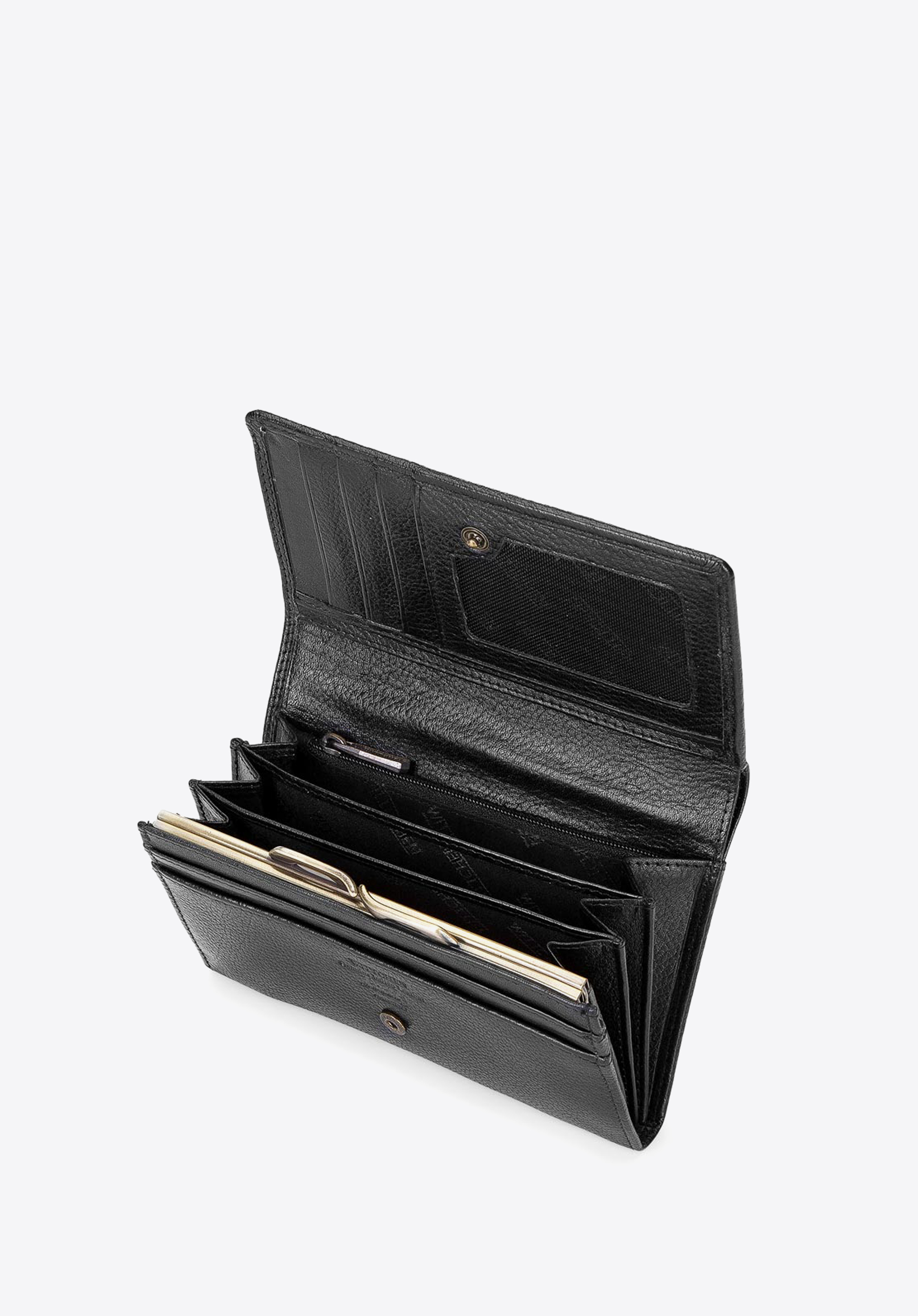 Damen-Lederbrieftasche mit einer Tasche, die mit einem Metallverschluss gesichert ist, schwarz, 21-1-081-10L, Bild 1
