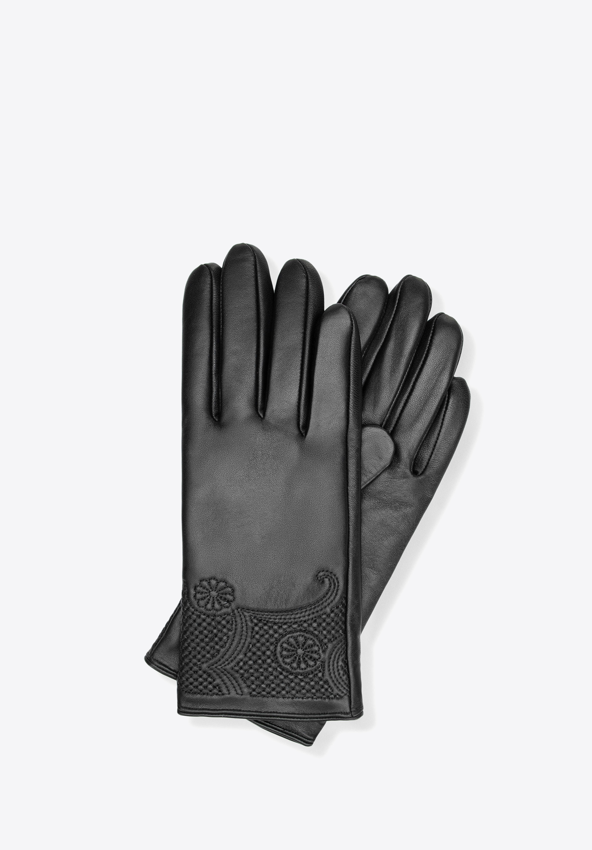 Damen Lederhandschuhe mit Blumenmuster, schwarz, 39-6A-050-1-L, Bild 1