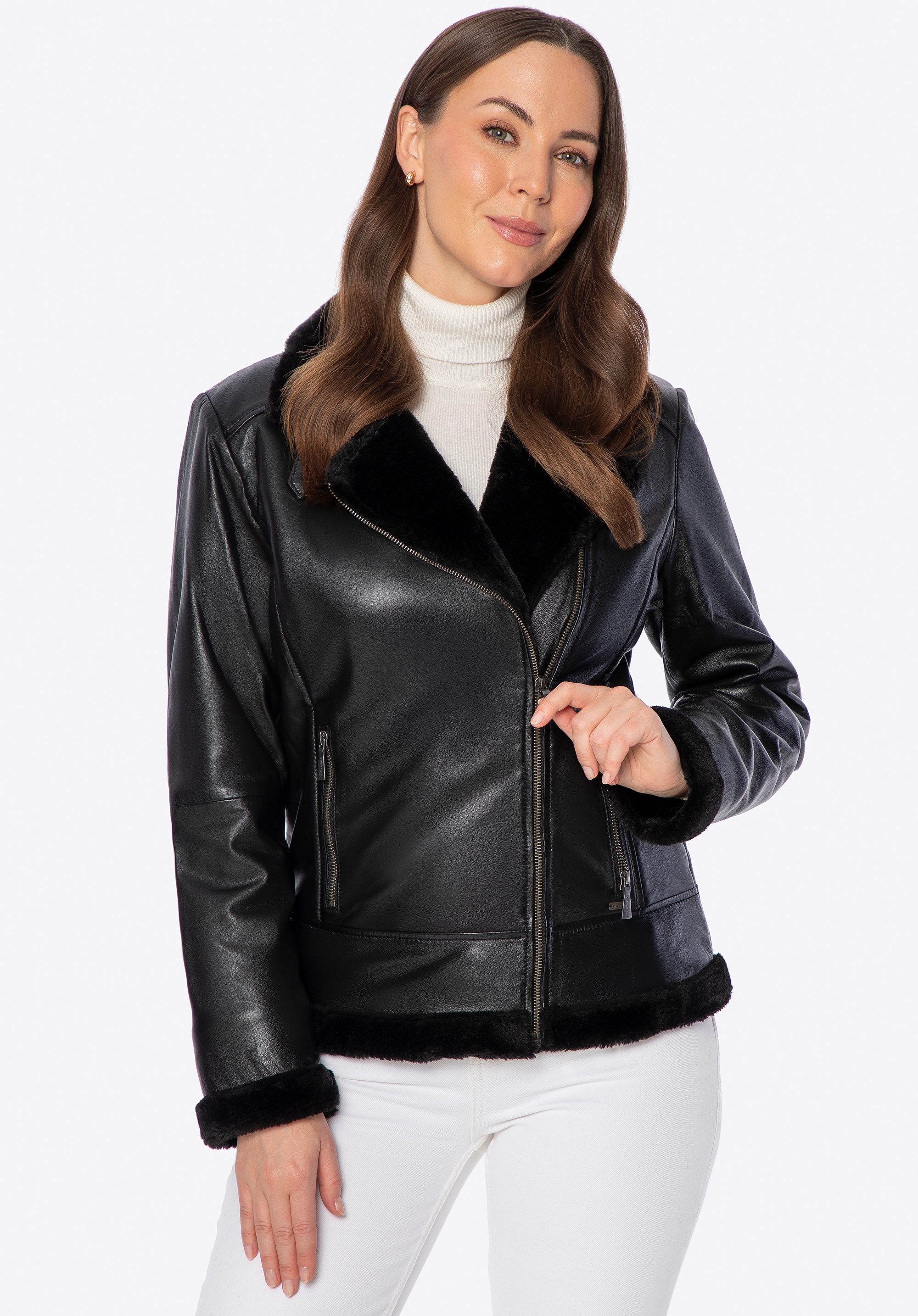 Damen Lederjacke mit Kunstpelzbesatz, schwarz, 101-09-800-1-S, Bild 1