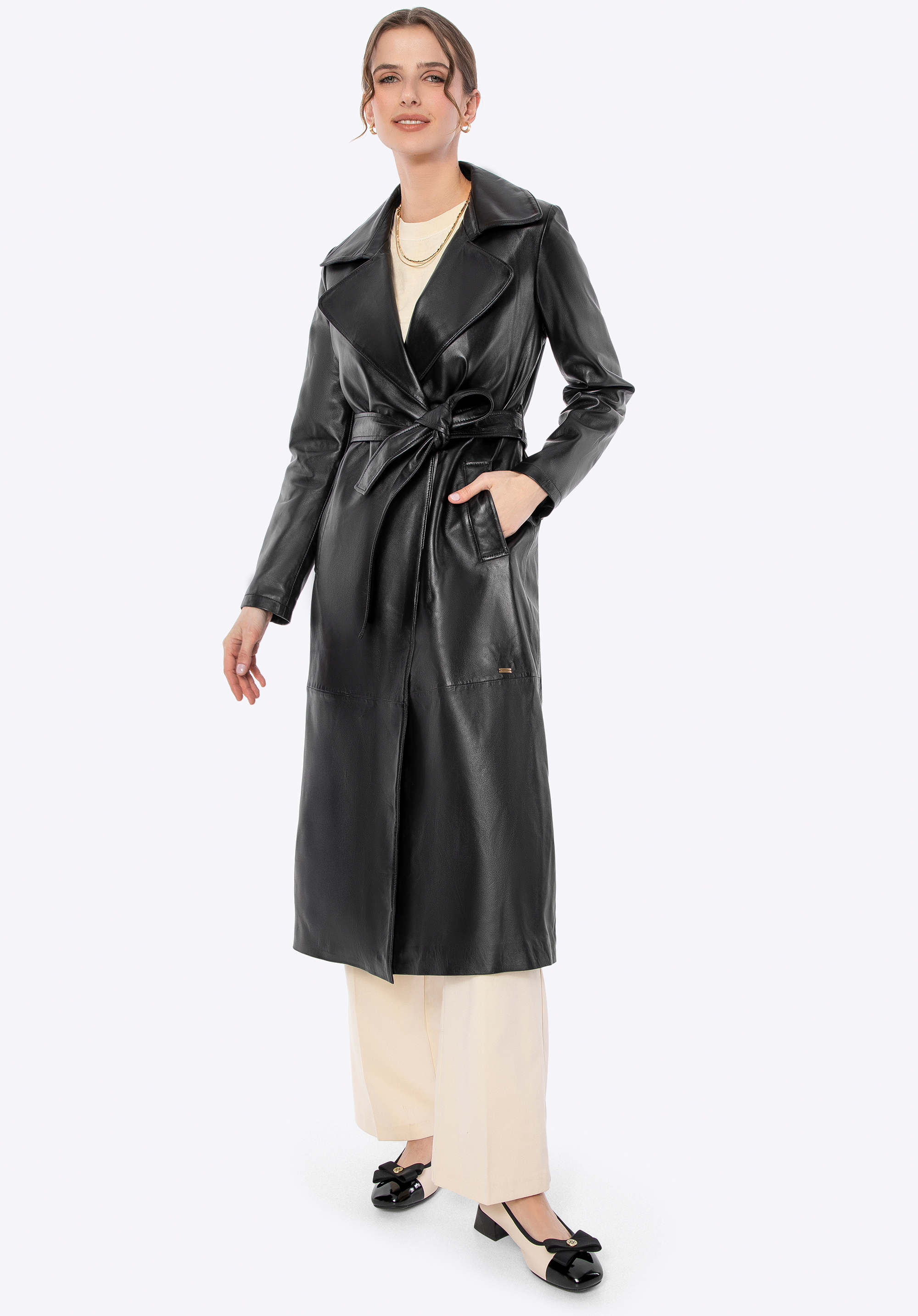 Damen Ledermantel mit Gürtel, schwarz, 100-09-811-1-L, Bild 1