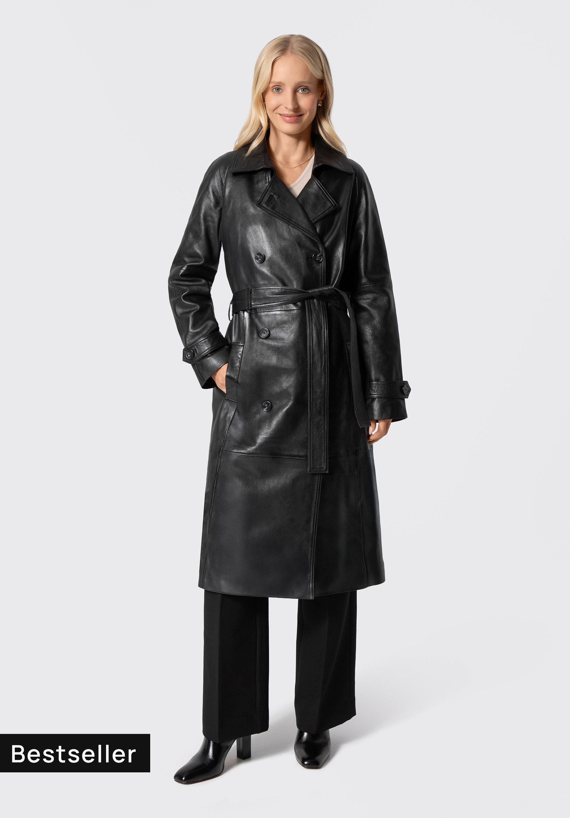 Damen-Ledermantel mit Gürtel, schwarz, 103-09-403-1-M, Bild 1