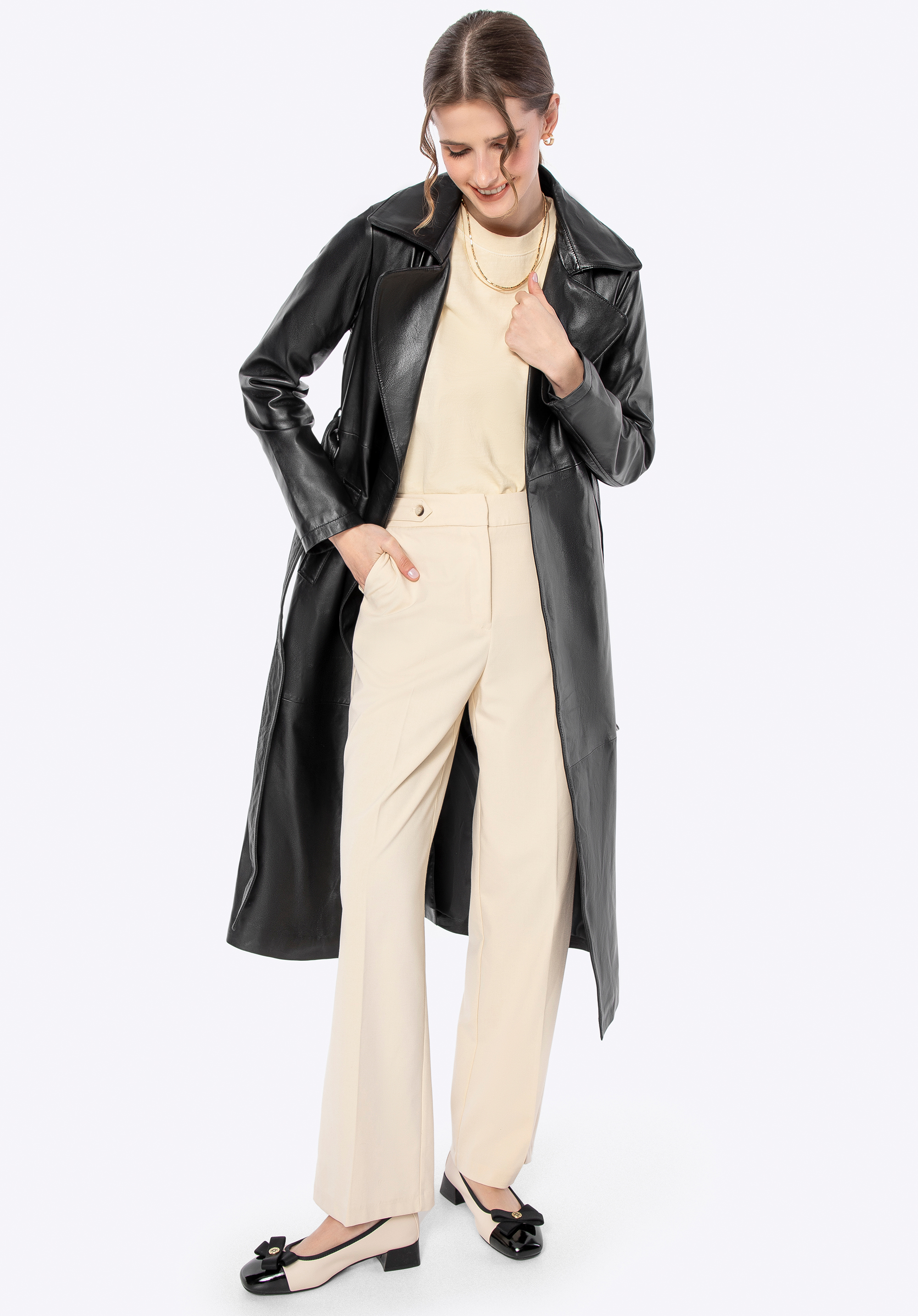 Damen Ledermantel mit Gürtel, schwarz, 100-09-811-1-L, Bild 1