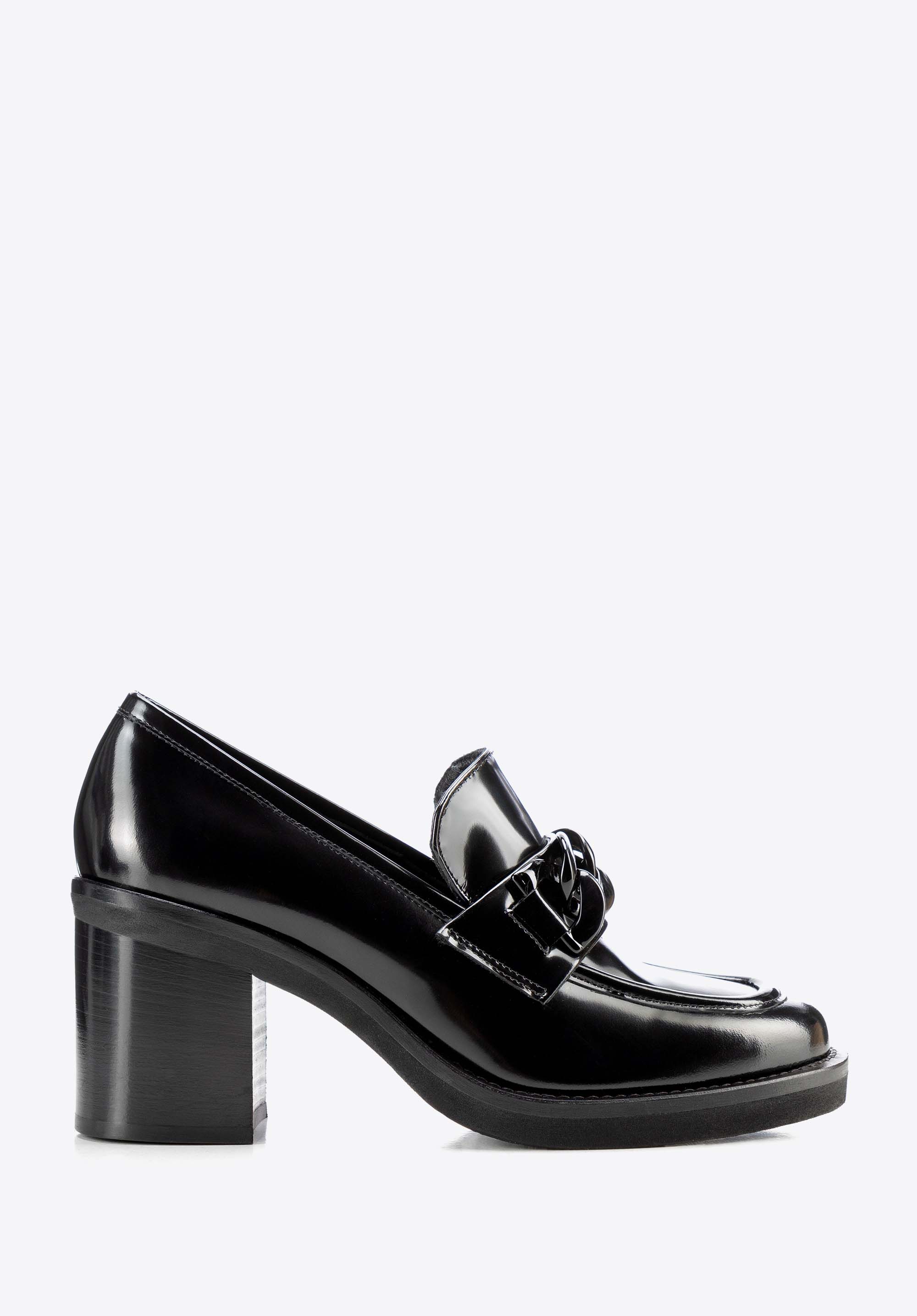 Damen-Loafer aus Leder mit Blockabsatz und Zierkette, schwarz, 103-D-103-1-38, Bild 1