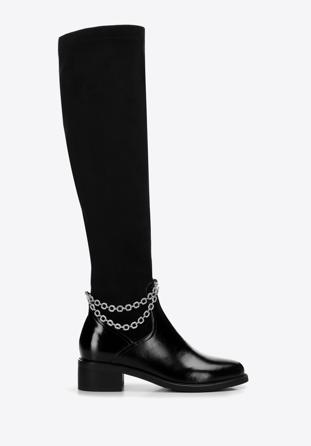 Damenstiefel aus Leder mit elastischem Schaft und mit Kette, schwarz, 97-D-501-1L-41, Bild 1
