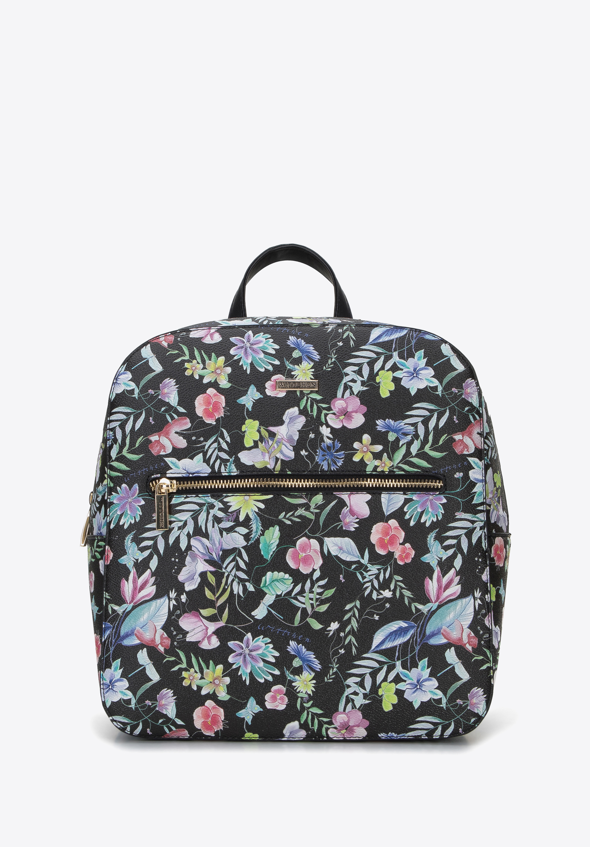 Damen-Rucksack aus Öko-Leder mit Blumenmuster, schwarz, 96-4Y-202-1, Bild 1
