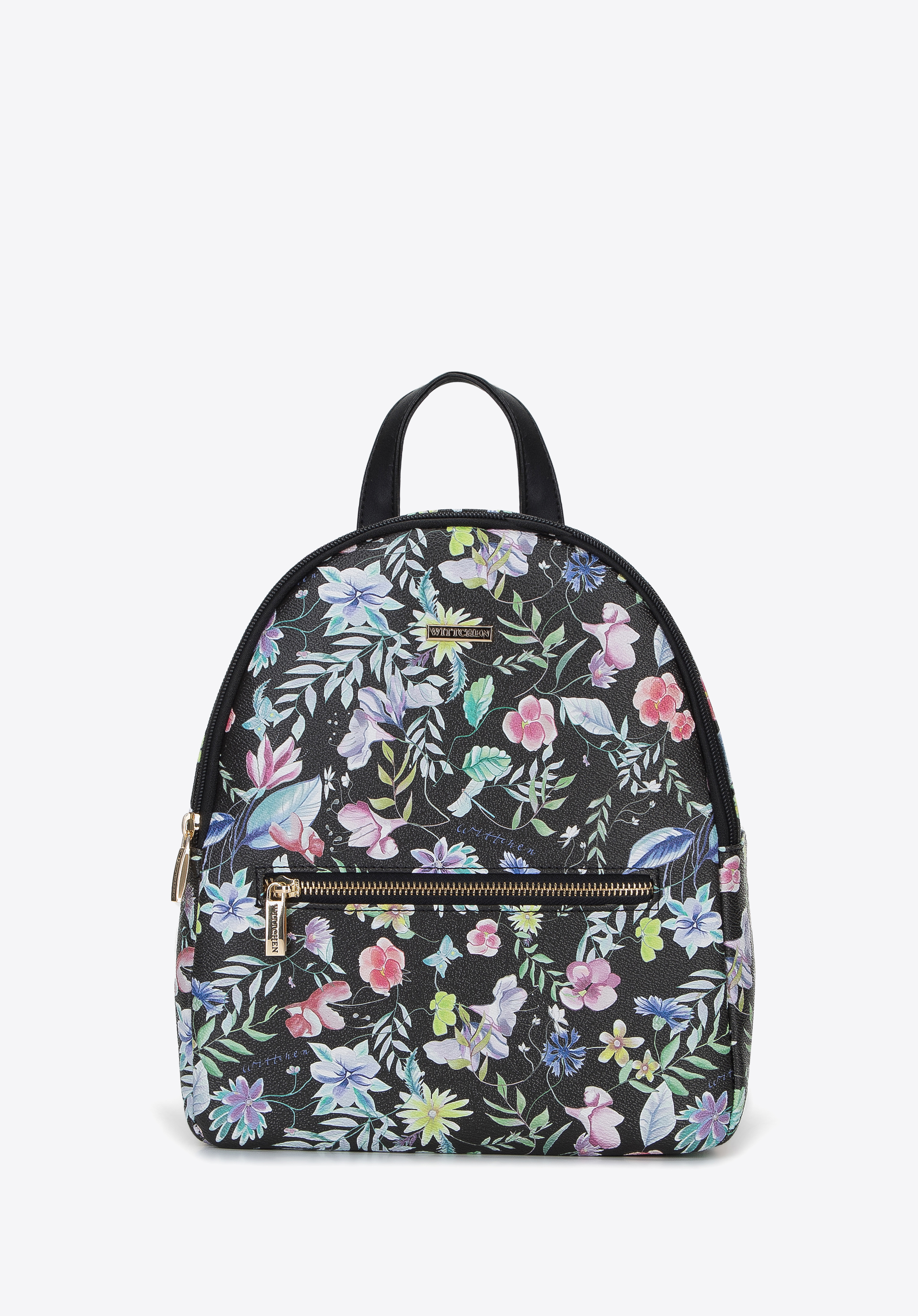 Damenrucksack aus Ökoleder mit Blumenmuster, schwarz, 96-4Y-205-1, Bild 1