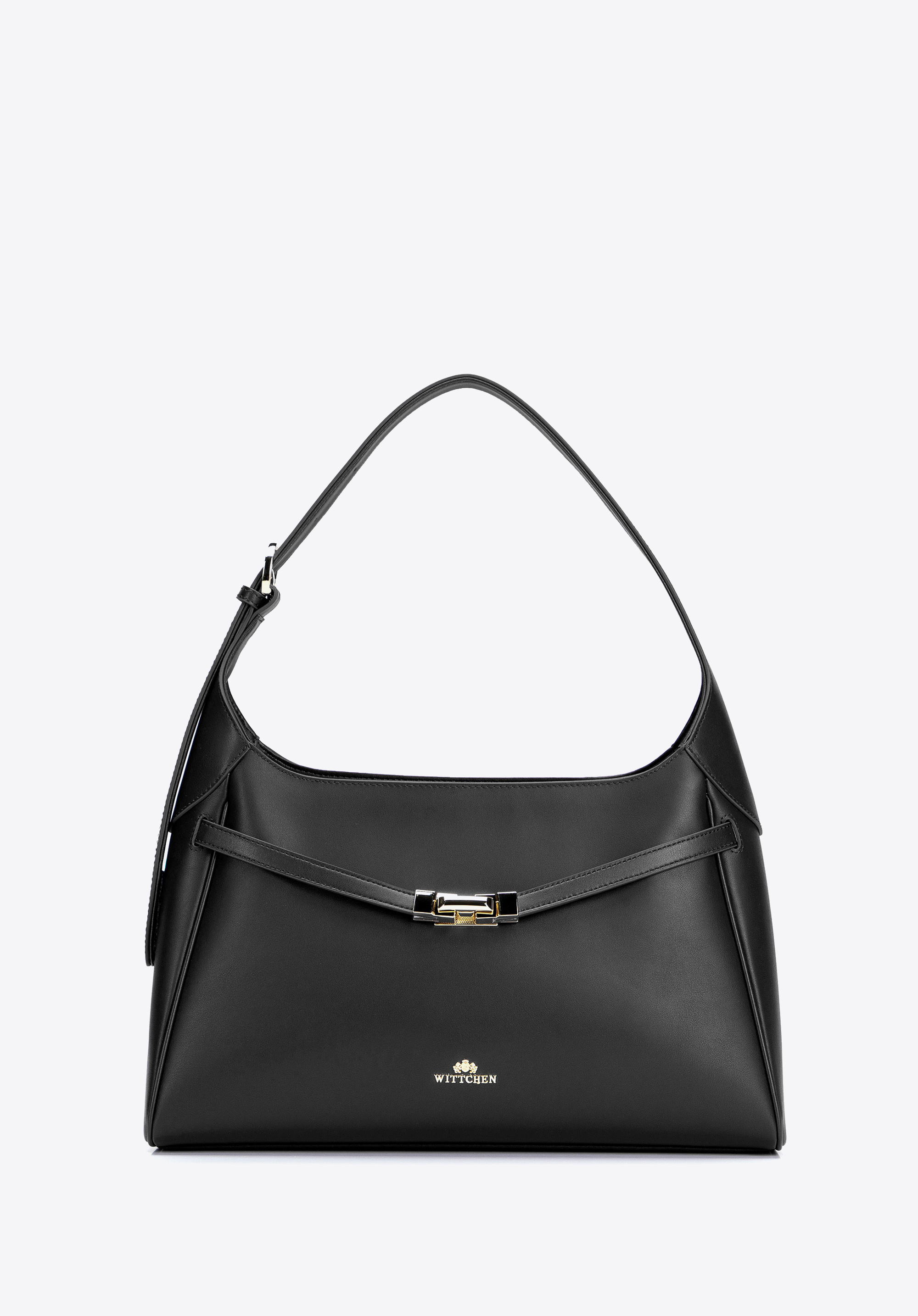 Damen-Schultertasche aus Leder mit dekorativem Riemen, schwarz, 103-4E-201-1, Bild 1