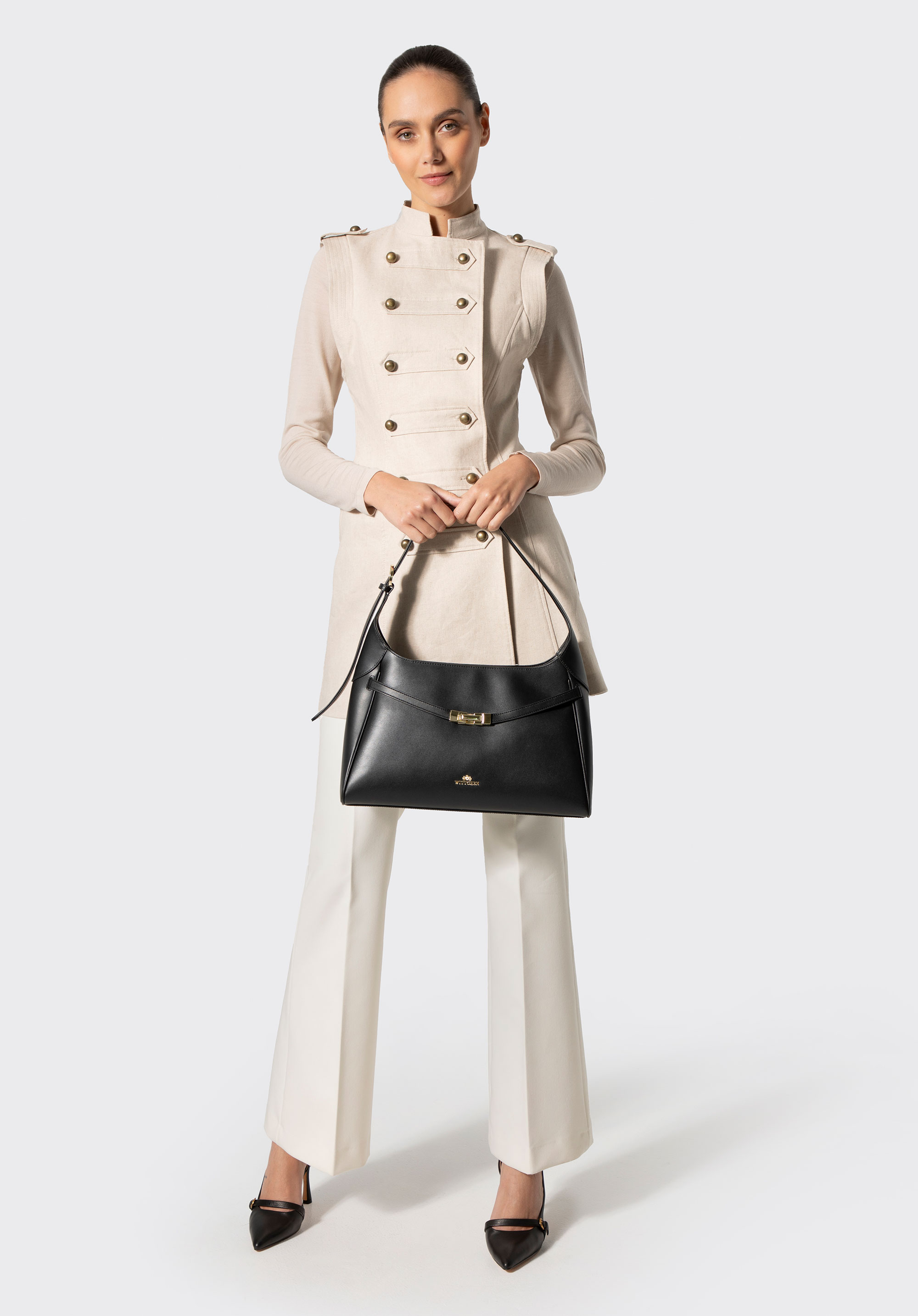 Damen-Schultertasche aus Leder mit dekorativem Riemen, schwarz, 103-4E-201-1, Bild 1