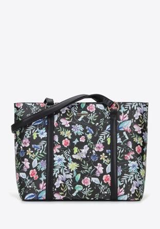 Shopper-Tasche aus Ökoleder mit Blumenmuster und vertikalen Streifen, schwarz, 96-4Y-201-1, Bild 1