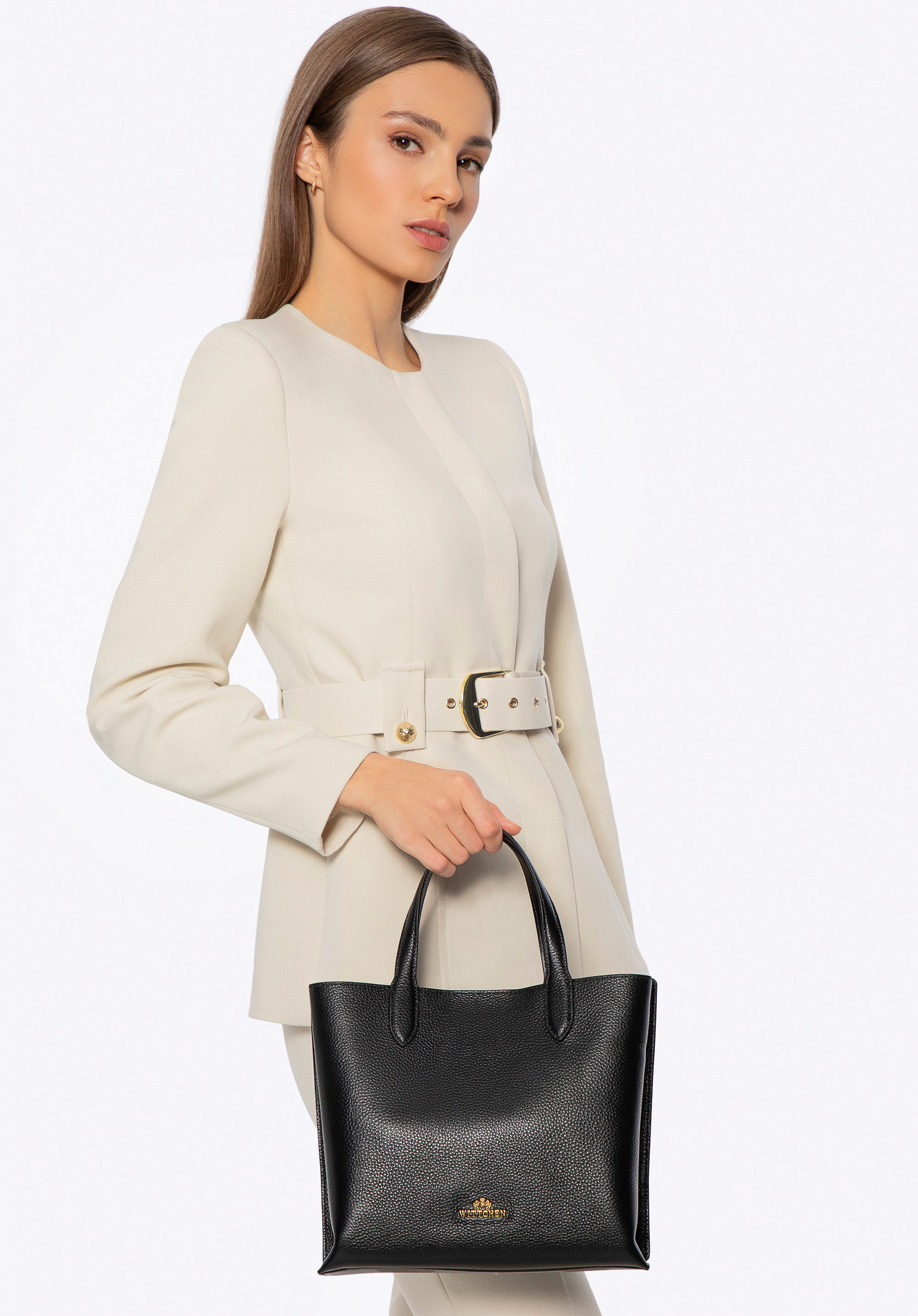 Damen Shopper aus Leder mit drei Fächern, schwarz, 100-4E-217-1, Bild 1