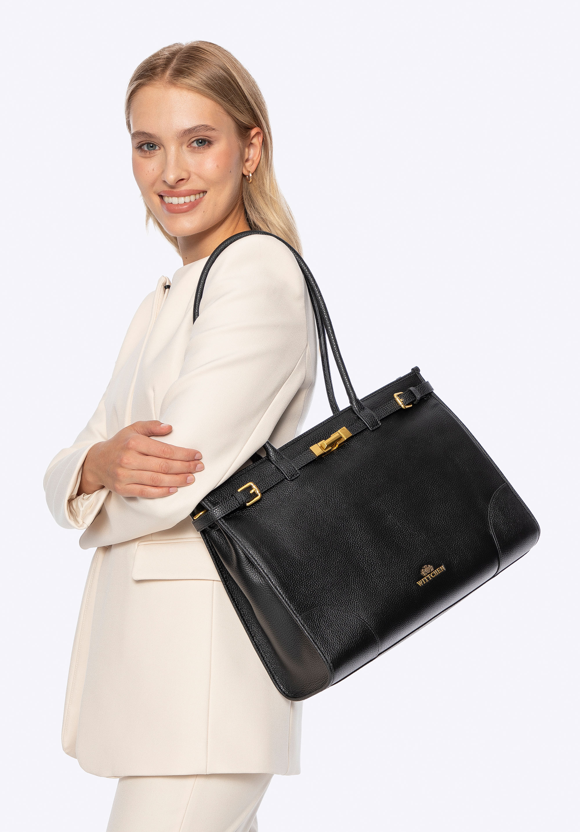Damen-Shopper aus Leder mit genarbter Struktur, schwarz, 101-4E-205-1, Bild 1