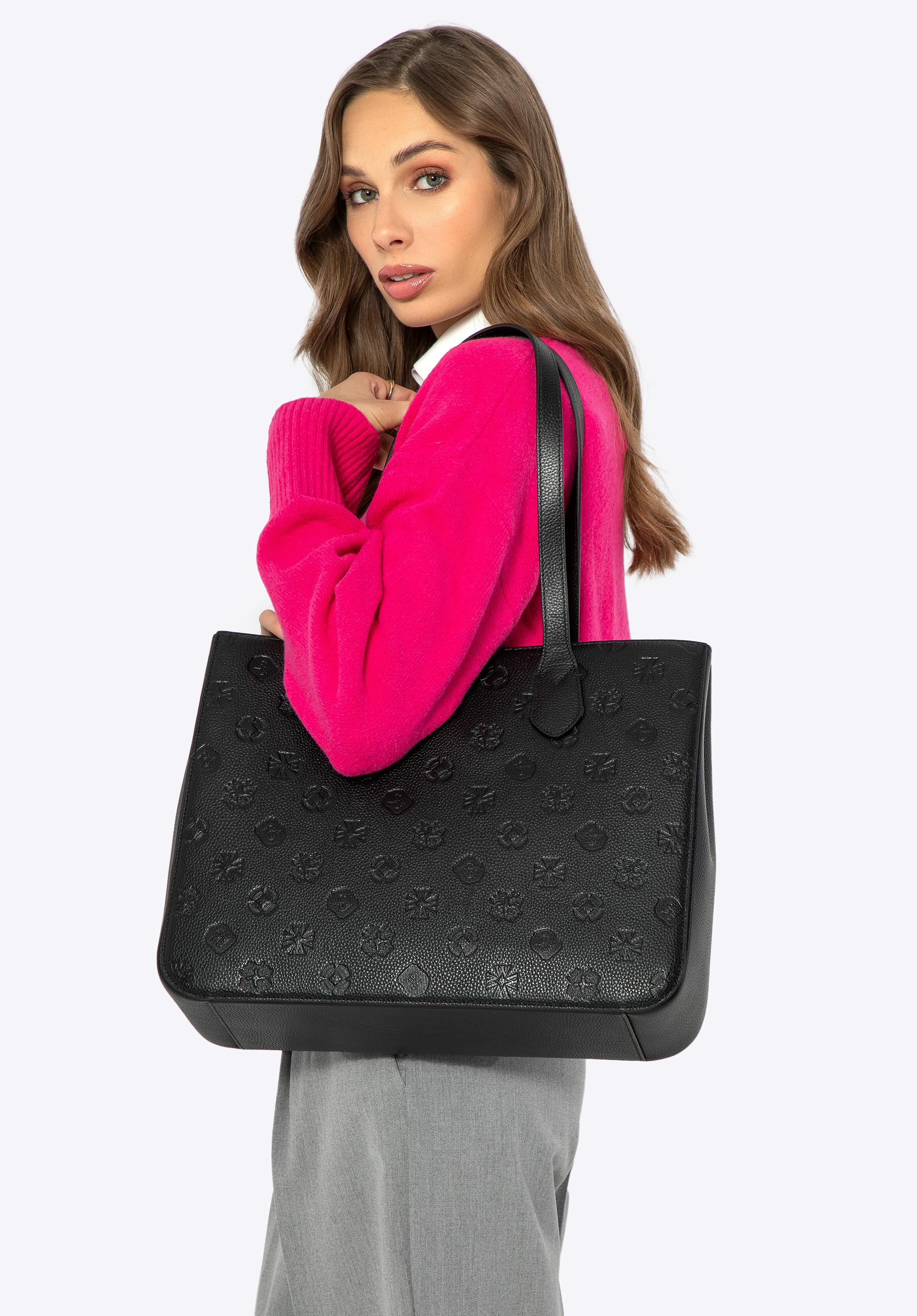 Damen-Shopper aus Leder mit Monogramm, schwarz, 99-4E-613-1, Bild 1
