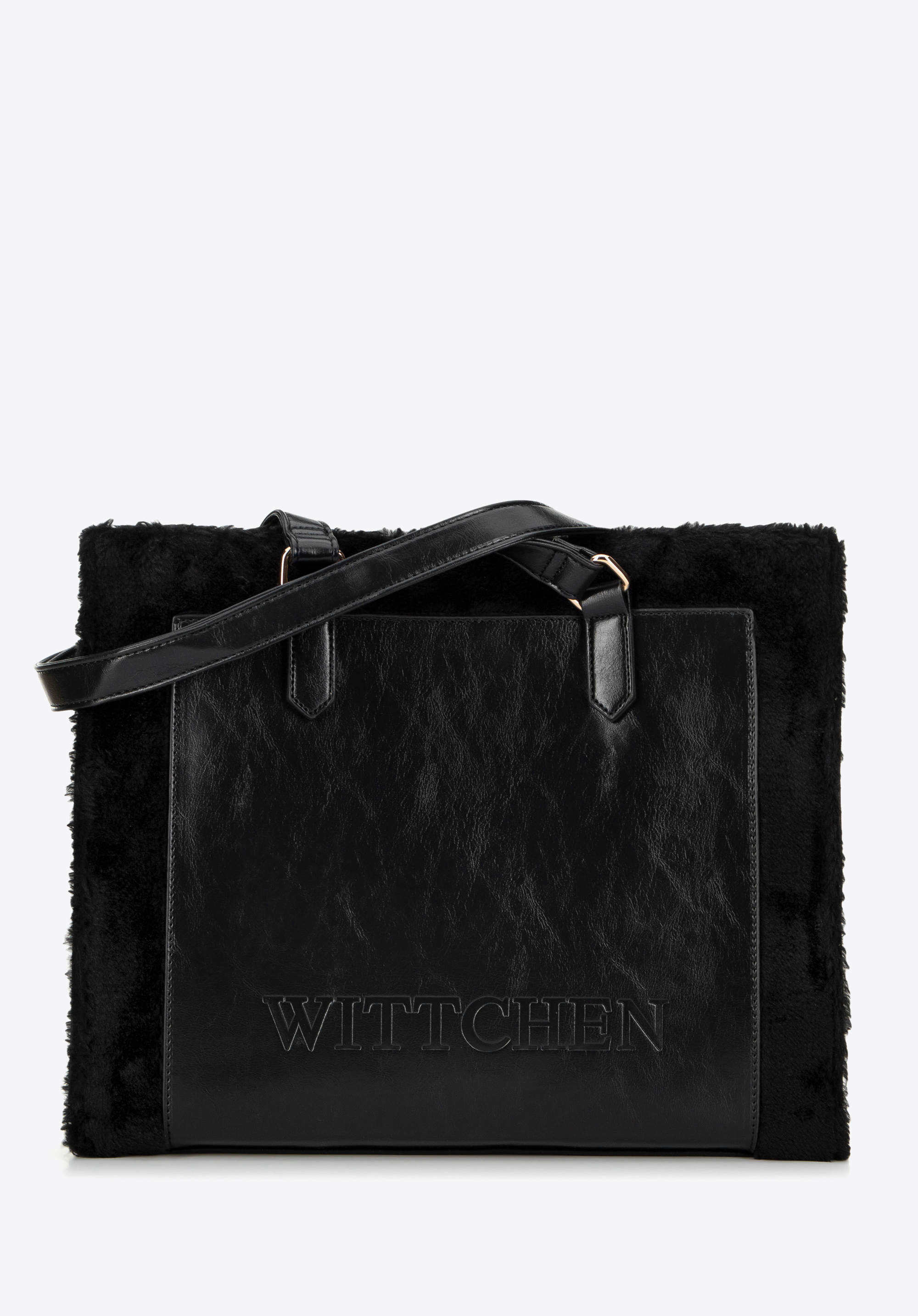 Damen Shopper Tasche aus Kunstleder mit Fellbesatz, schwarz, 99-4Y-216-1, Bild 1