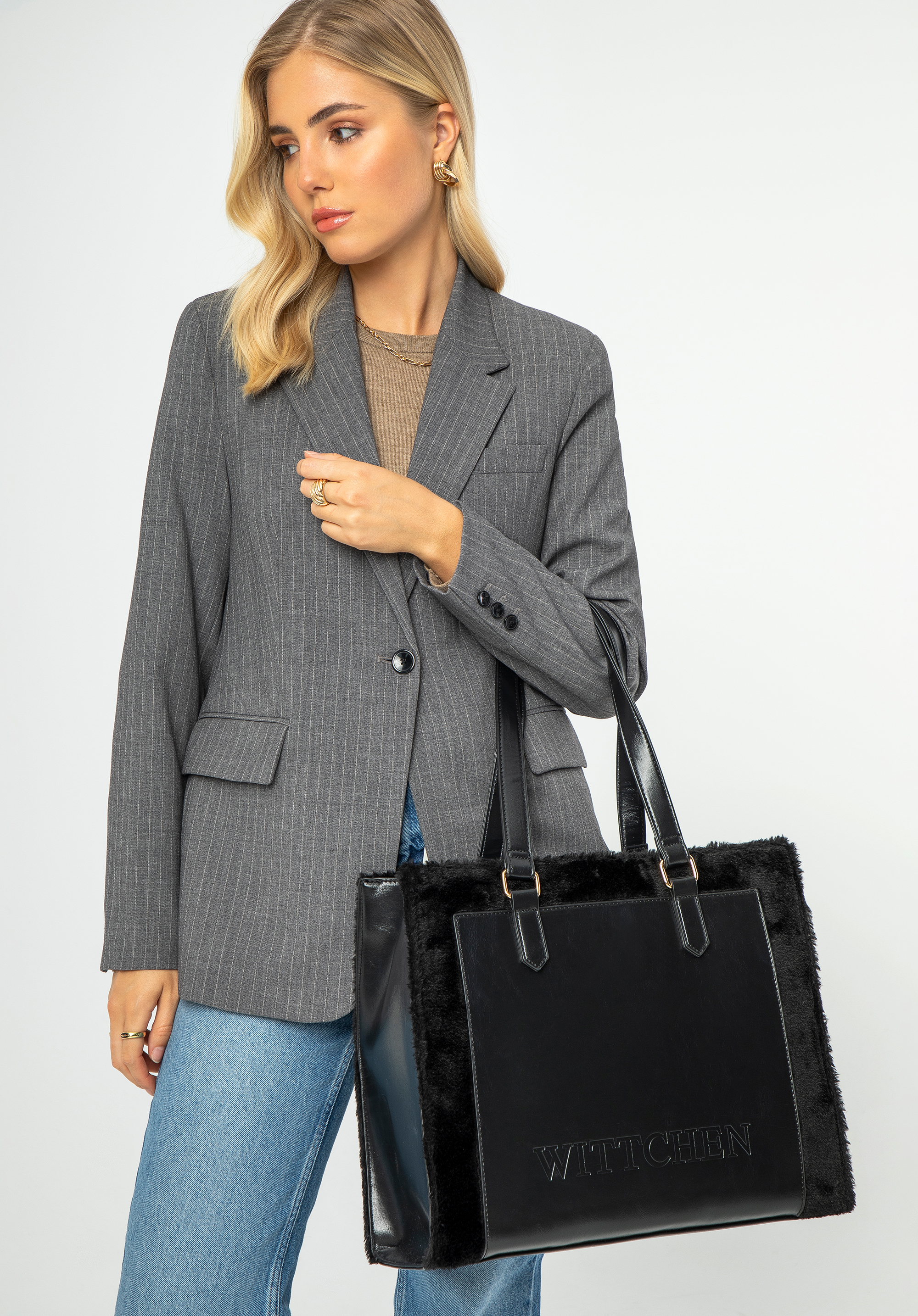 Damen Shopper Tasche aus Kunstleder mit Fellbesatz, schwarz, 99-4Y-216-1, Bild 1