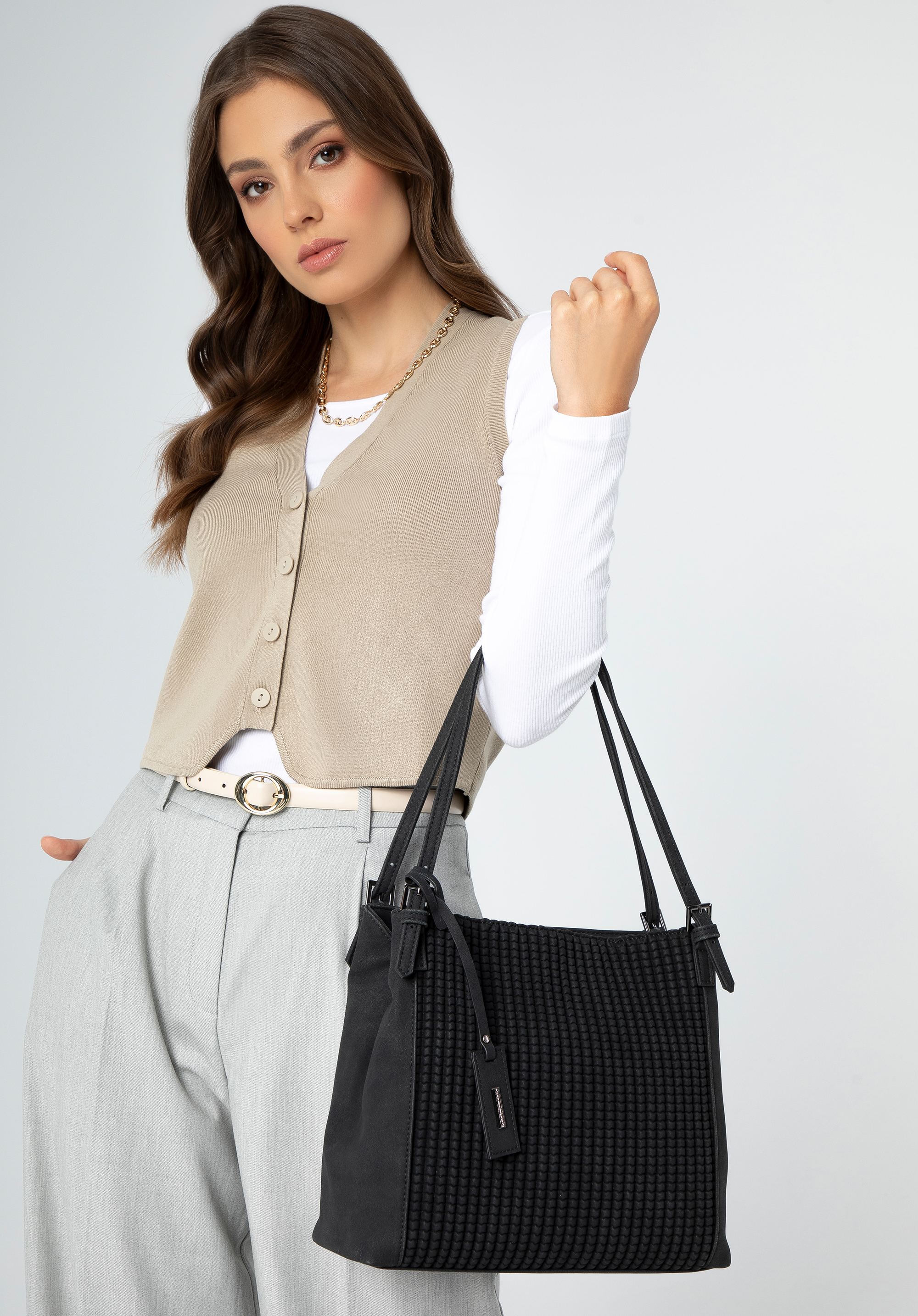 Damen-Shopper-Tasche aus ökologischem Leder, schwarz, 99-4Y-701-1, Bild 1
