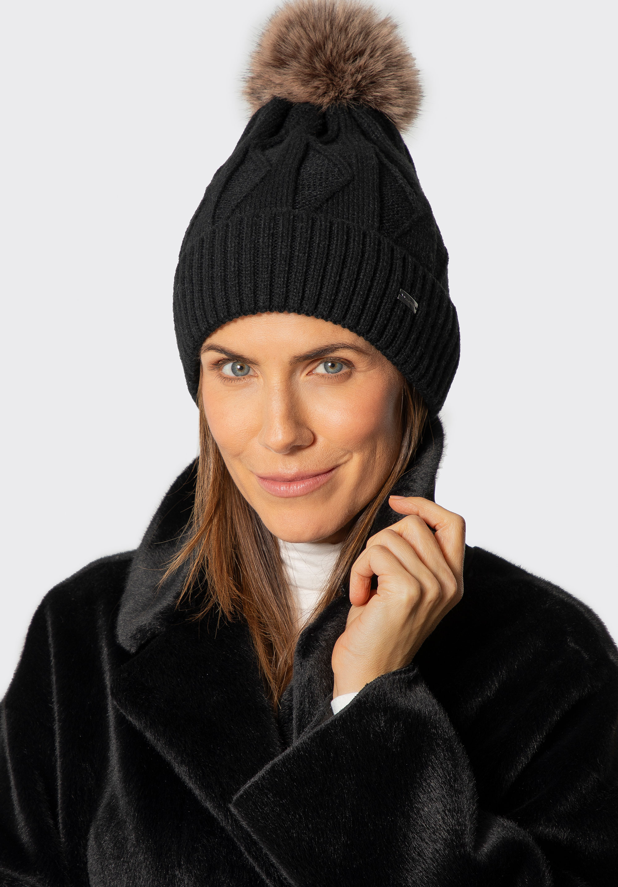 Damen-Strickmütze mit kontrastierendem Bommel, schwarz, 101-HF-005-1, Bild 1