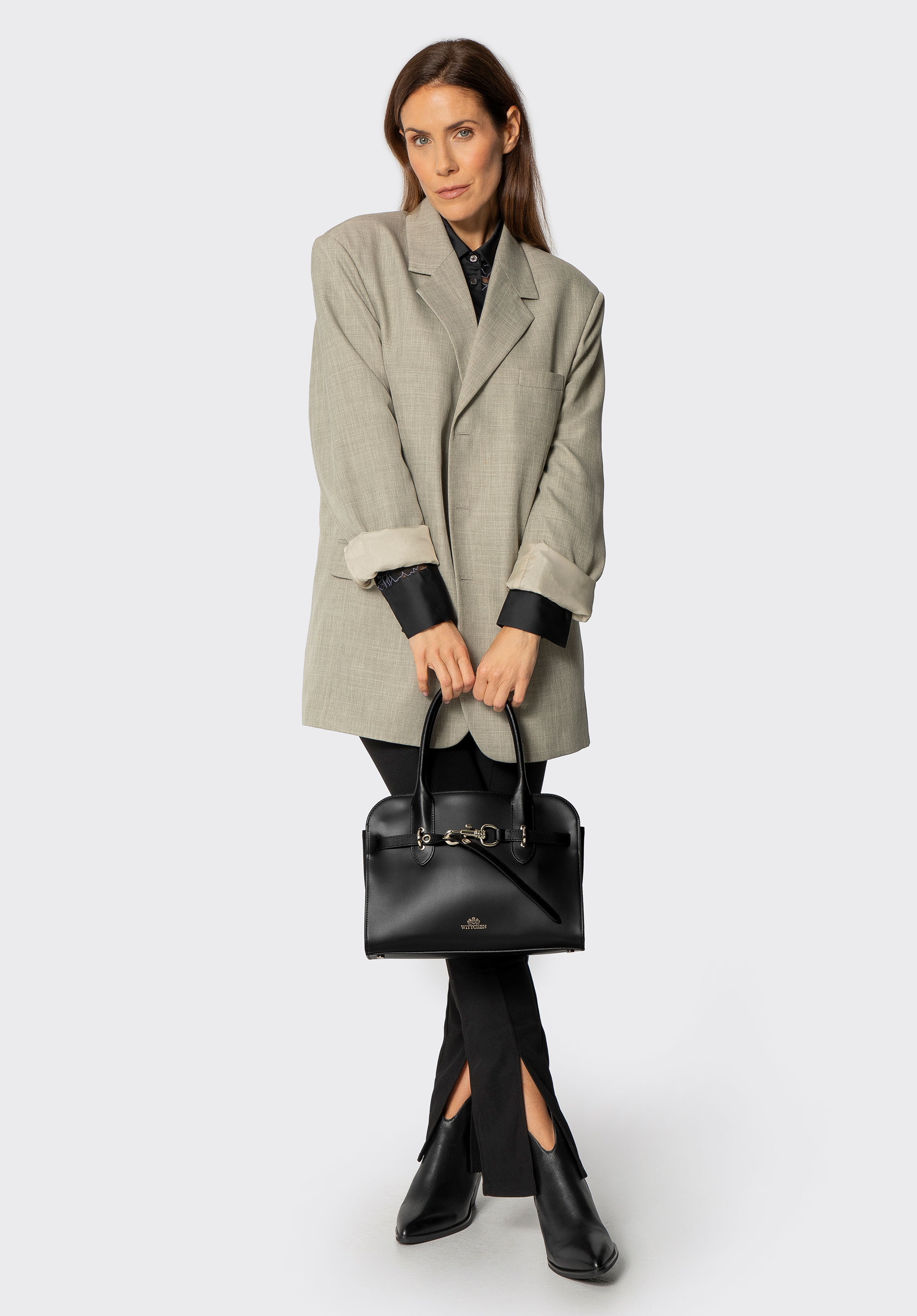 Damenhandtasche aus Leder mit dekorativem Verschluss, schwarz, 102-4E-001-1, Bild 1