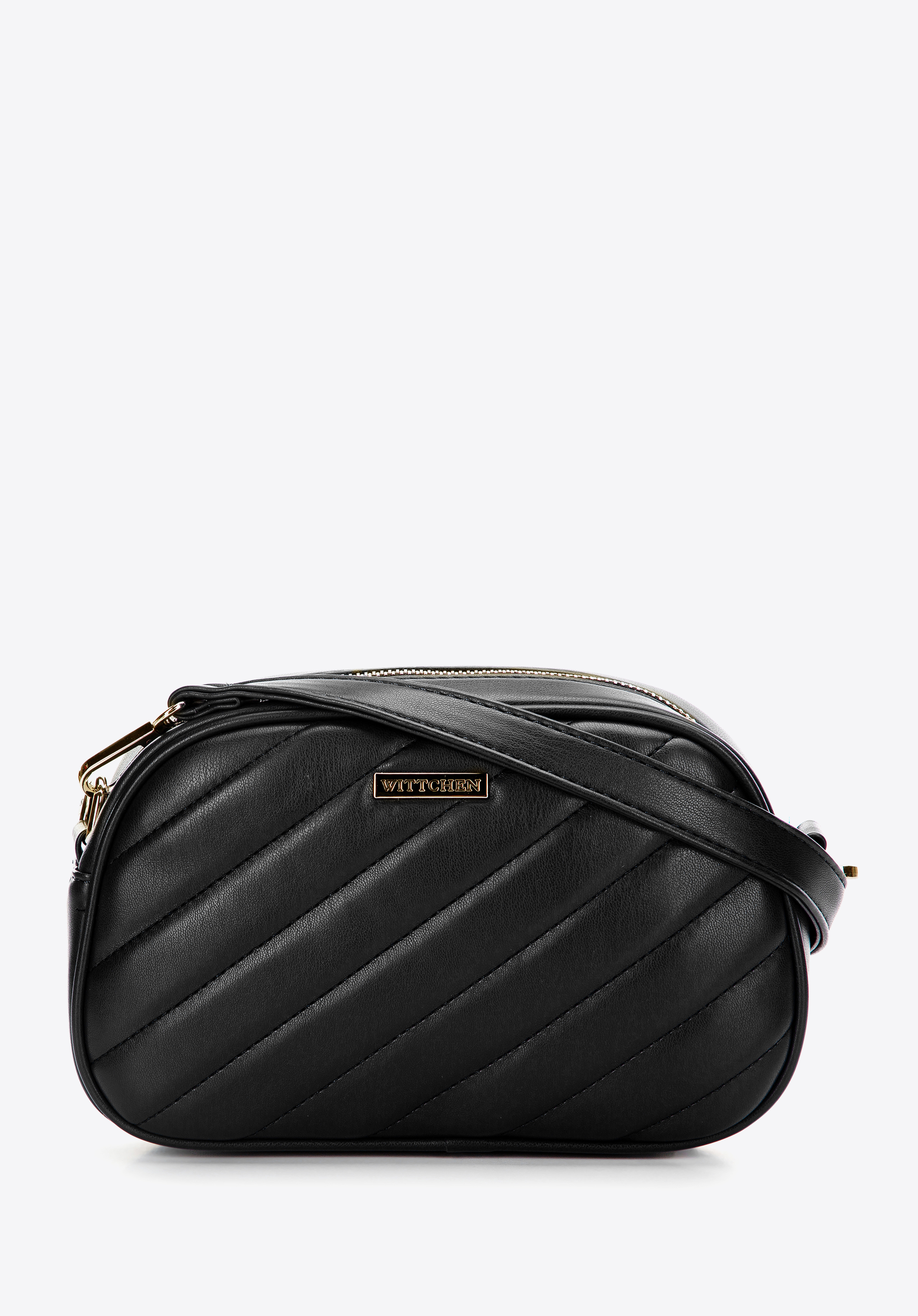 Umhängetasche für Damen aus diagonal gestepptem Öko-Leder, schwarz, 97-4Y-758-1, Bild 1