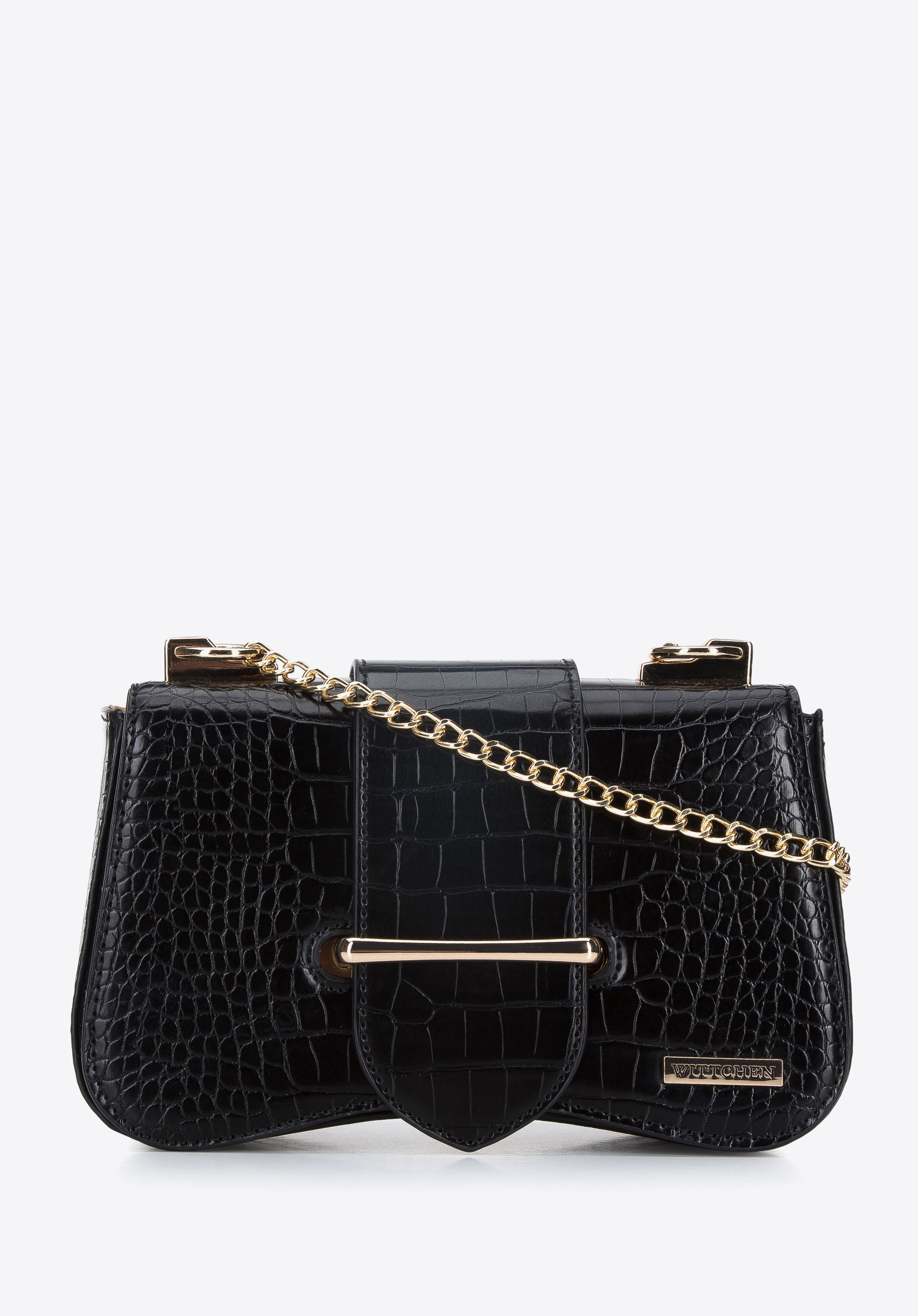 Damen-Umhängetasche aus Kunstleder an einer Kette in Croco-Optik, schwarz, 95-4Y-764-1, Bild 1