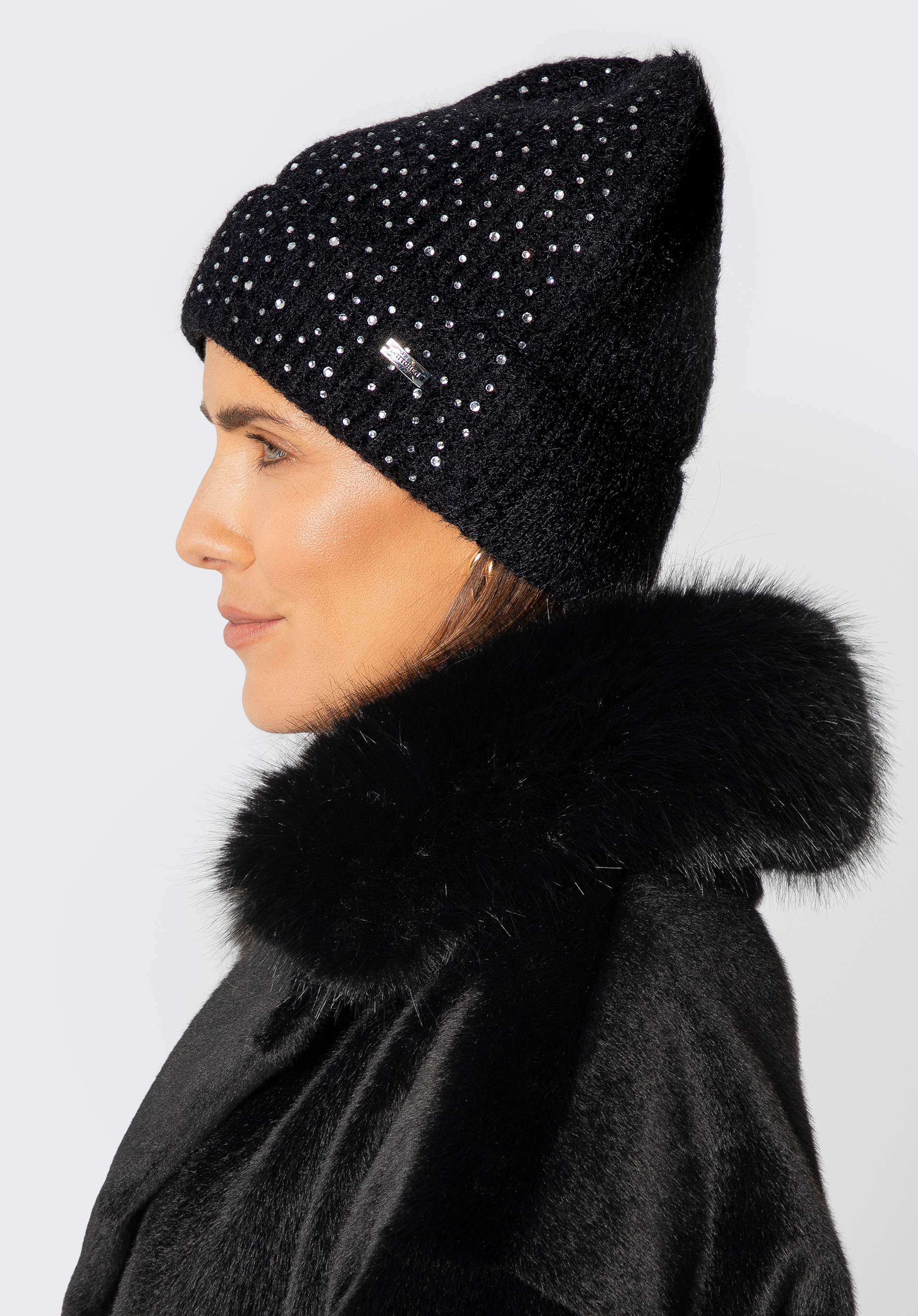 Damen-Wintermütze mit dezenten Strassverzierungen, schwarz, 101-HF-002-1, Bild 1