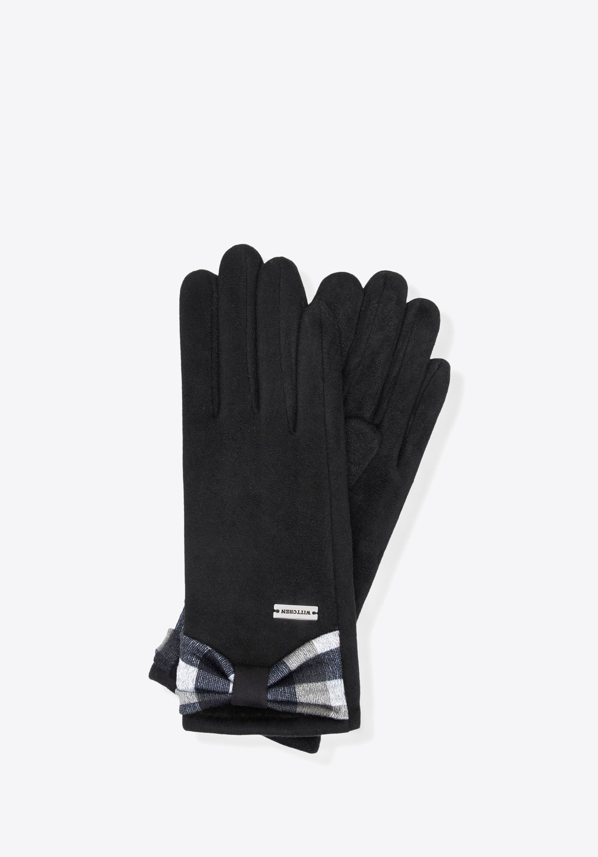 Damenhandschuhe mit karierter Schleife, schwarz, 39-6P-053-1-S_M, Bild 1