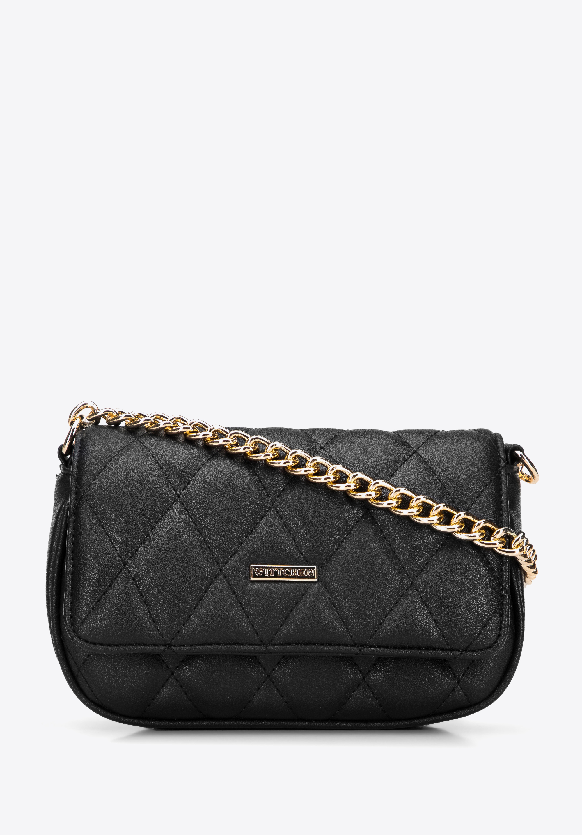 Damenhandtasche aus gestepptem Öko-Leder an einer Kette, schwarz, 96-4Y-236-1, Bild 1