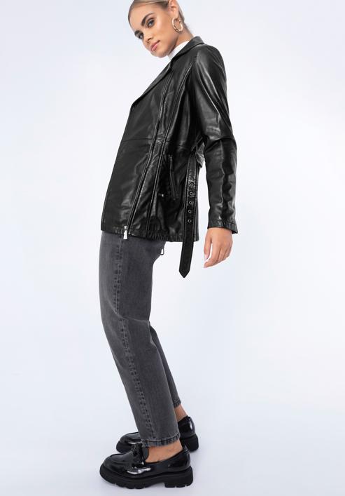 Damenjacke aus Leder mit Gürtel, schwarz, 97-09-803-1-XL, Bild 3