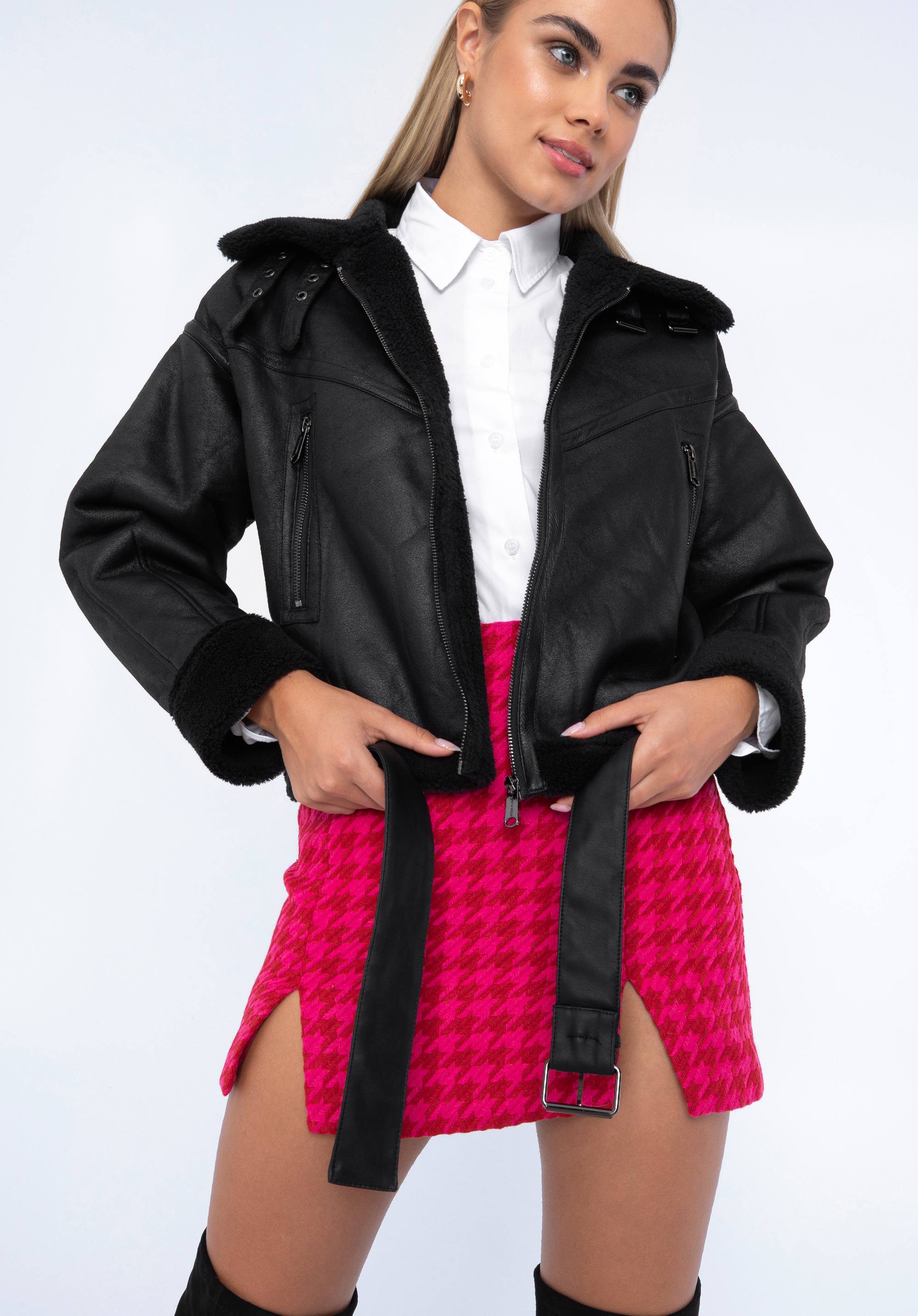 Damenjacke mit Kunstpelz und Gürtel -Oversize
