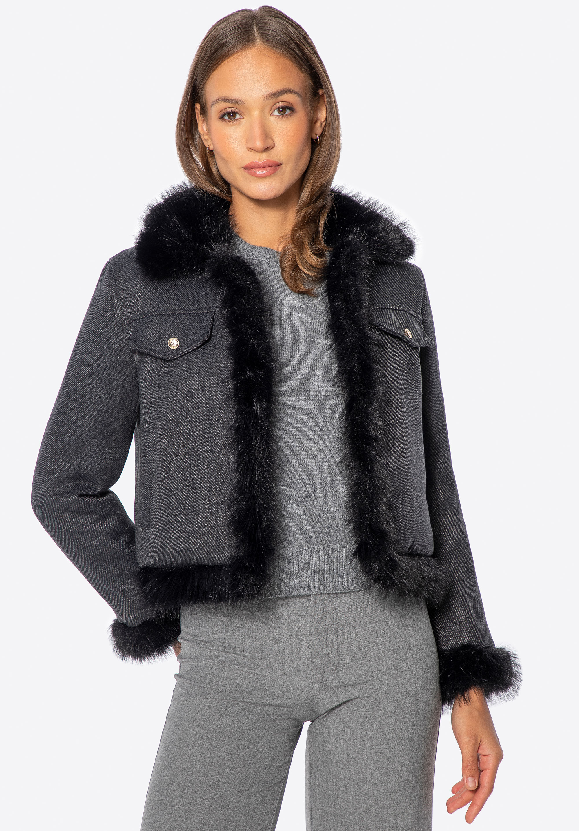 Damenjacke mit Leinenmischung und Kunstfellbesatz, schwarz, 101-9X-305-1-L, Bild 1