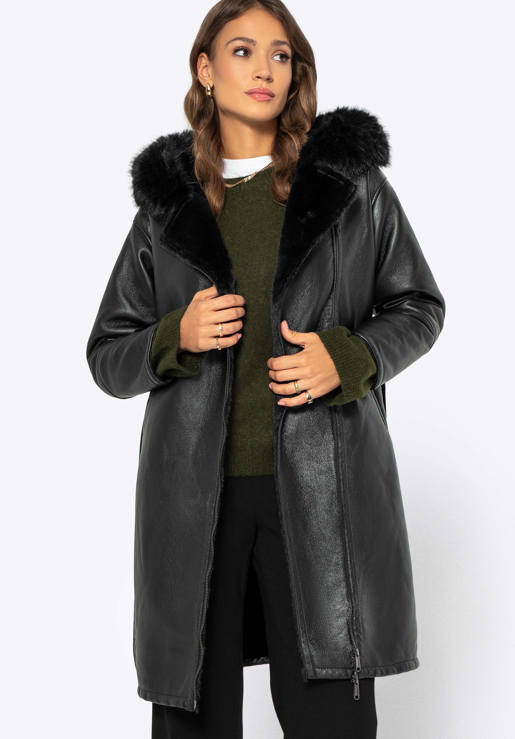 Damenmantel aus Kunstleder mit Gürtel, schwarz, 99-9P-113-1-XL, Bild 1