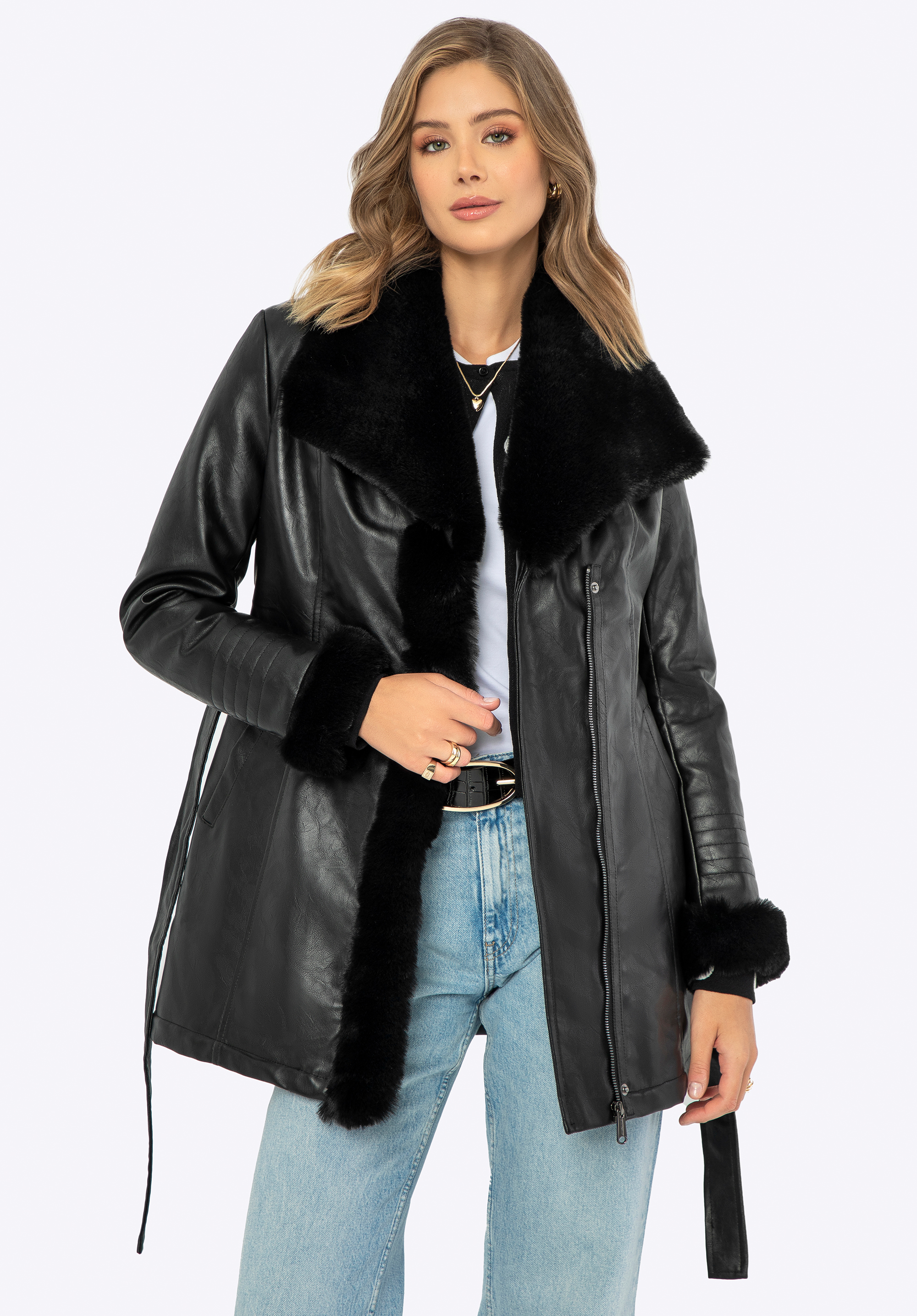 Damenmantel mit Pelz und Gürtel, schwarz, 99-9P-109-1-XL, Bild 1