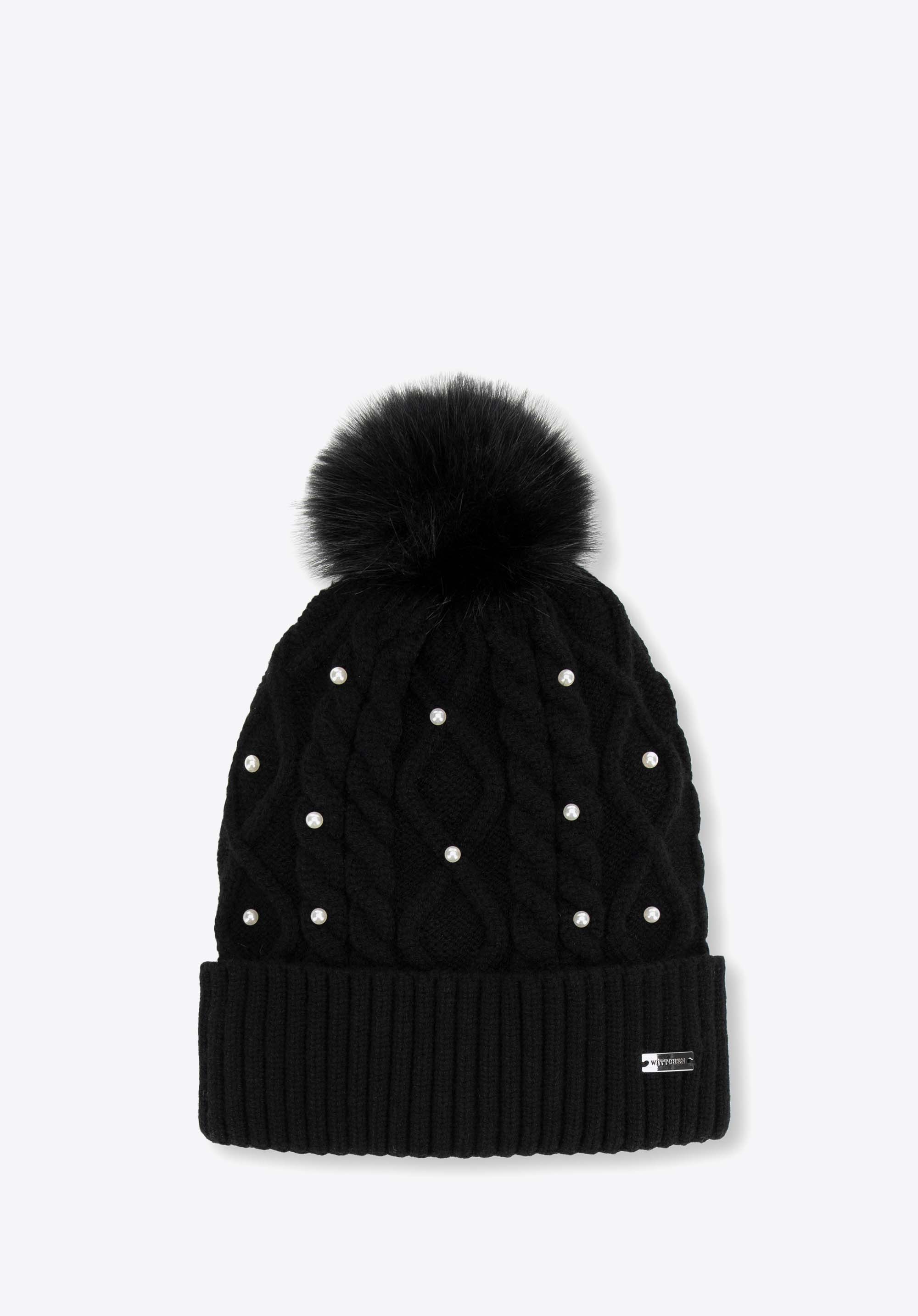 Damenmütze mit Bommel und Perlen, schwarz, 99-HF-207-1, Bild 1