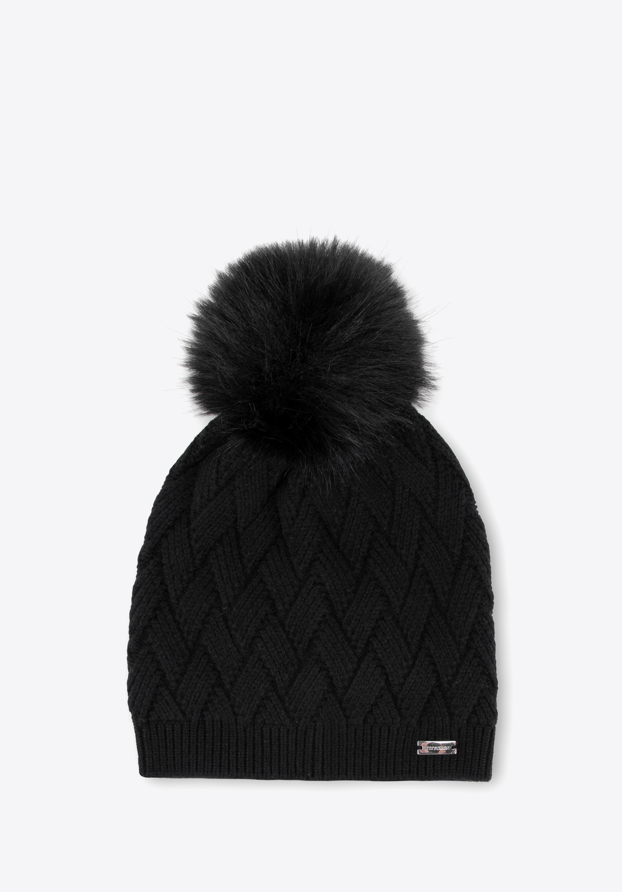 Damenmütze mit Rauten-Strickmuster, schwarz, 99-HF-031-1, Bild 1