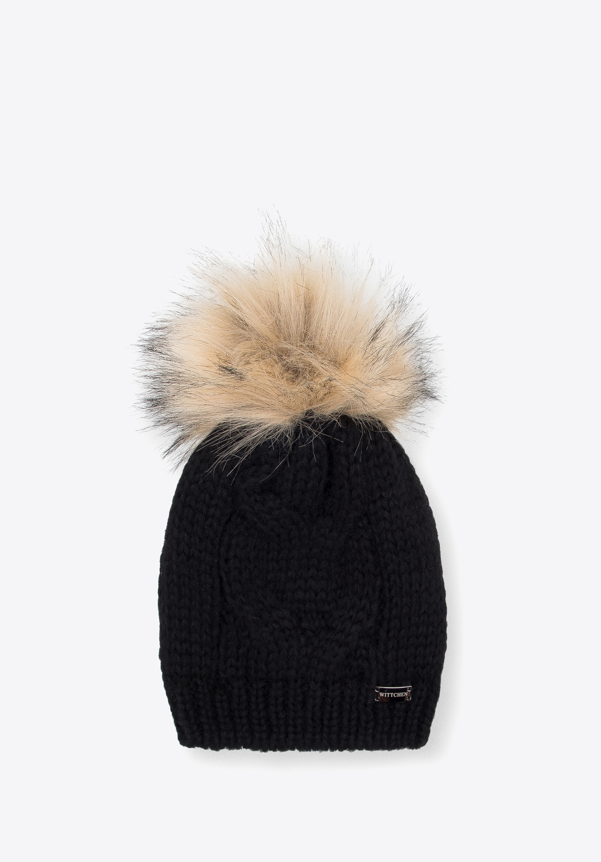 Damenmütze mit weitem Gewebe und Bommel, schwarz, 95-HF-008-1, Bild 1