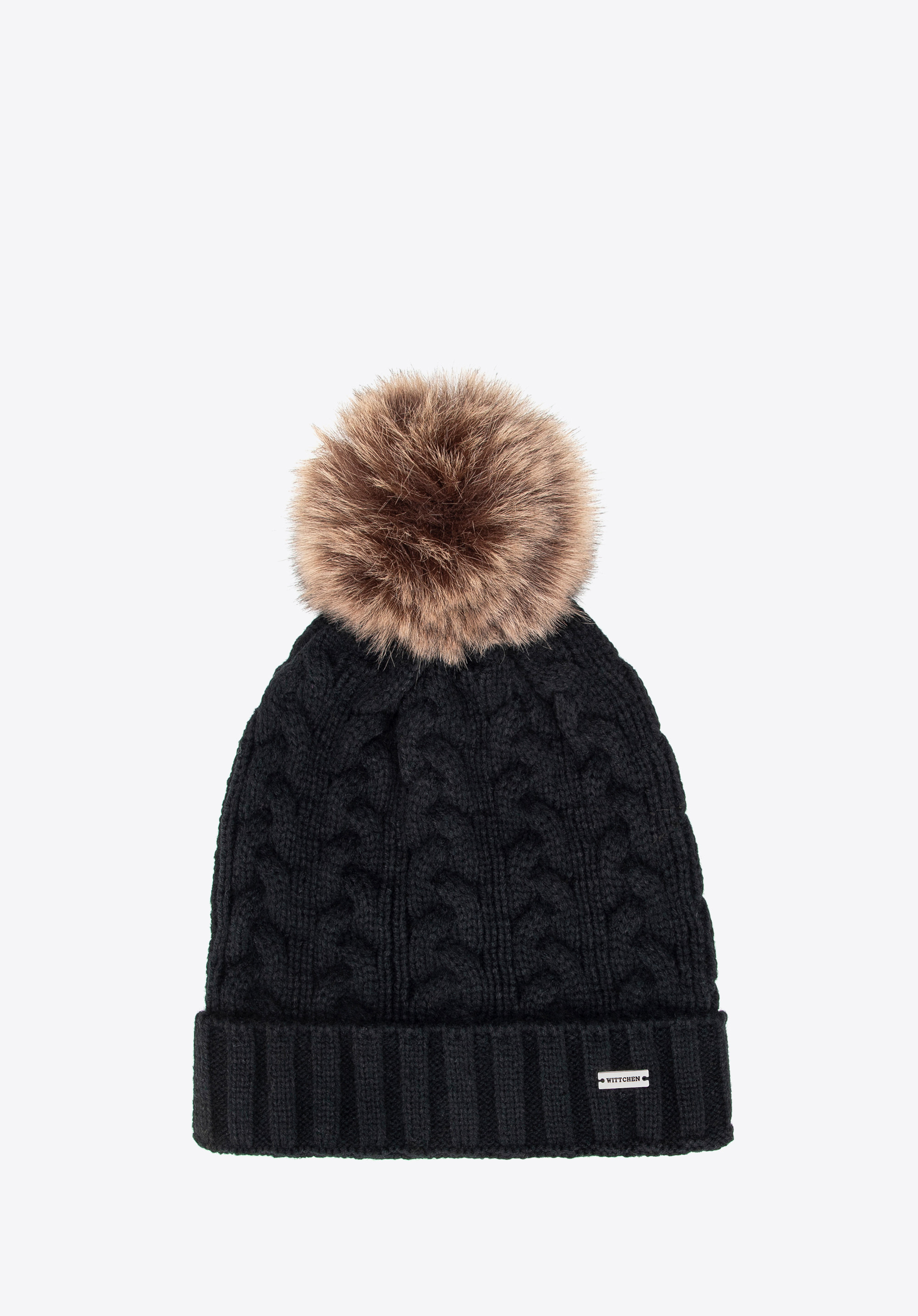 Damenmütze mit Zopfmuster und Bommel, schwarz, 101-HF-016-1, Bild 1