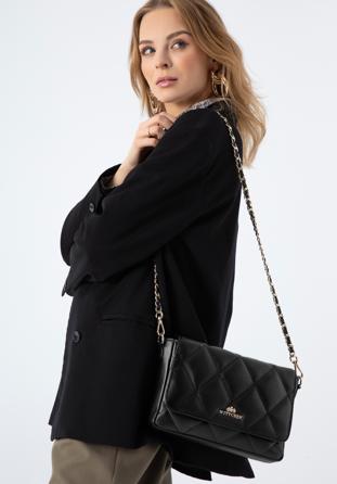 Damentasche aus gestepptem Leder mit Kettenklappe, schwarz, 97-4E-031-1, Bild 1