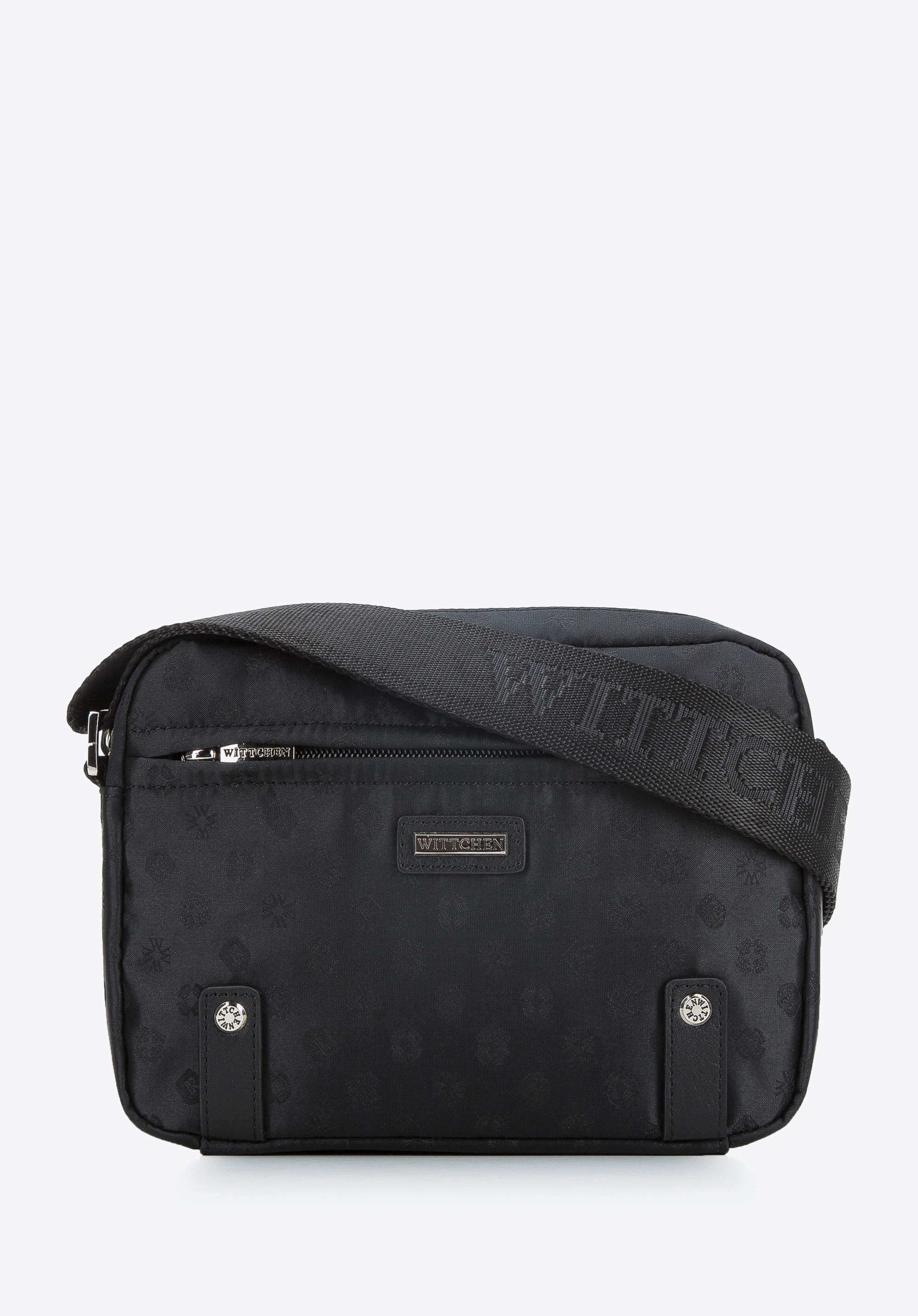Jacquard-Damenhandtasche mit horizontalen Lederbändern