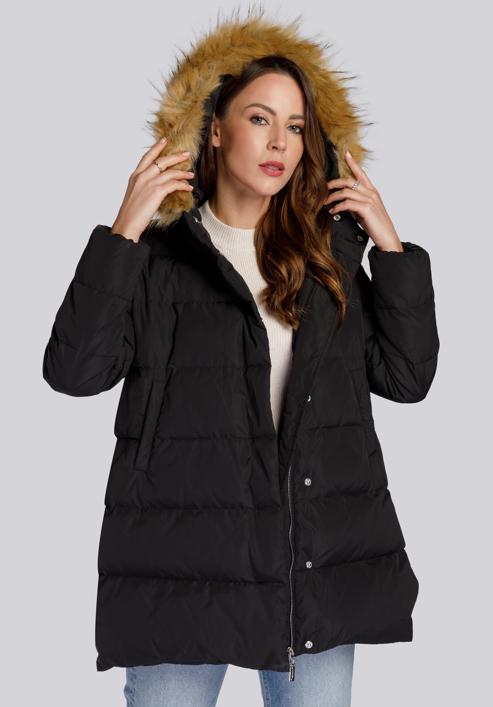 Daunenjacke für Damen mit Kapuze und Ausschnitt, schwarz, 93-9D-402-1-2XL, Bild 2