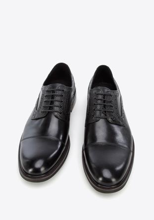 Derby-Schuhe aus Leder mit Einsatz in Lizard-Optik, schwarz, 96-M-701-1-45, Bild 1