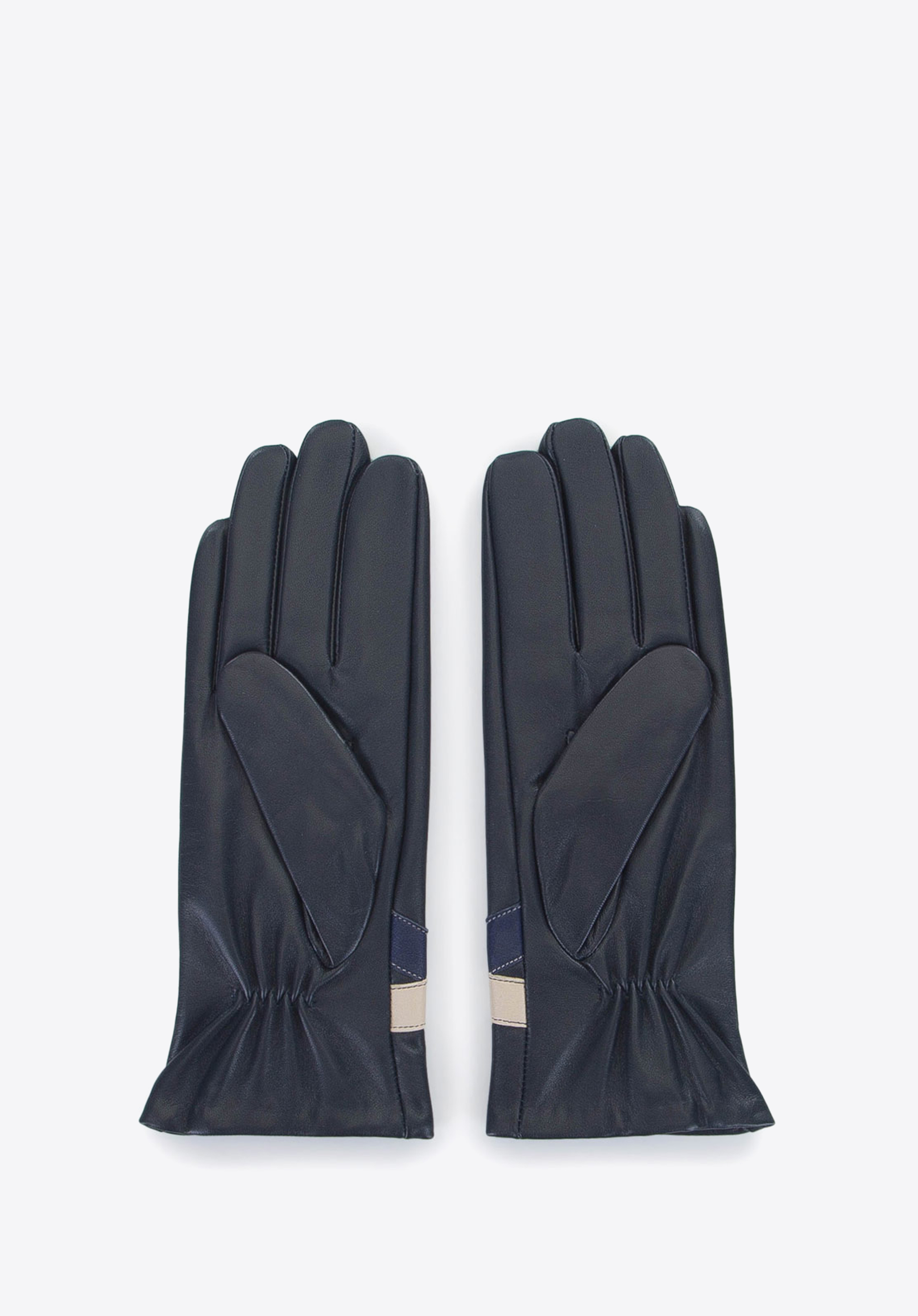 kontrastierende Lederhandschuhe für Damen, schwarz-dunkelblau, 39-6-645-GC-V, Bild 1