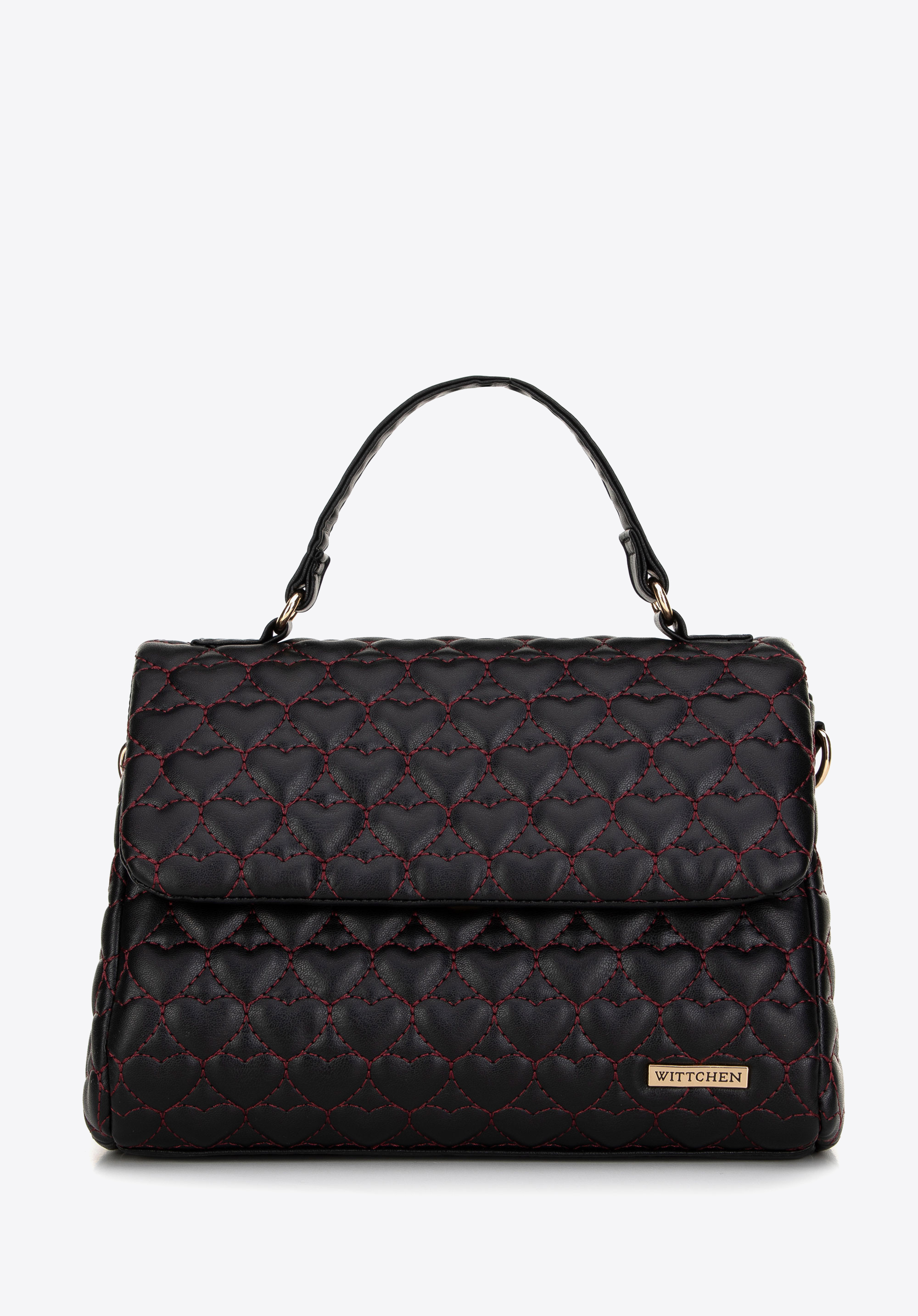 Shopper aus Kunstleder mit Herzsteppung, schwarz-dunkelrot, 99-4Y-404-1X, Bild 1