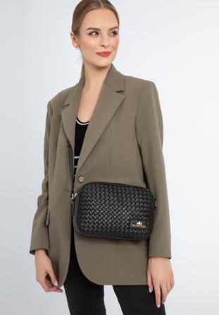Damenhandtasche aus Leder mit Geflecht auf der Vorderseite, schwarz, 97-4E-023-1, Bild 1
