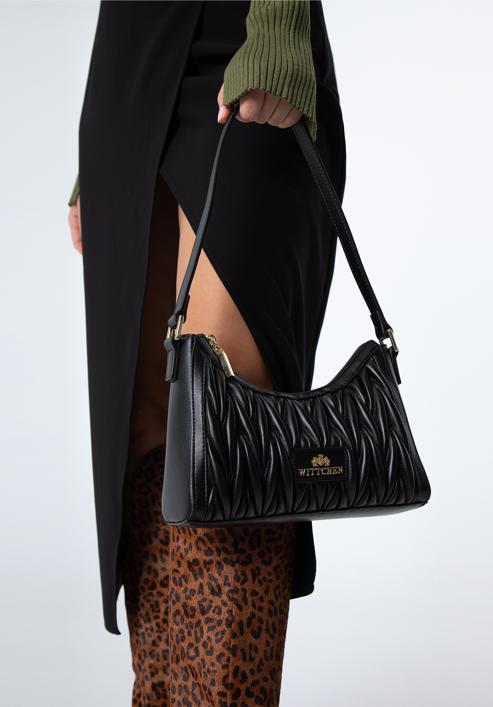 Geraffte Baguette-Tasche für Damen aus Leder, schwarz, 97-4E-600-3, Bild 15