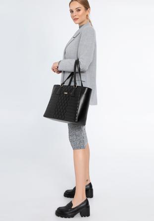 Gesteppte Shopper-Tasche mit geometrischem Muster, schwarz, 97-4Y-626-1, Bild 1