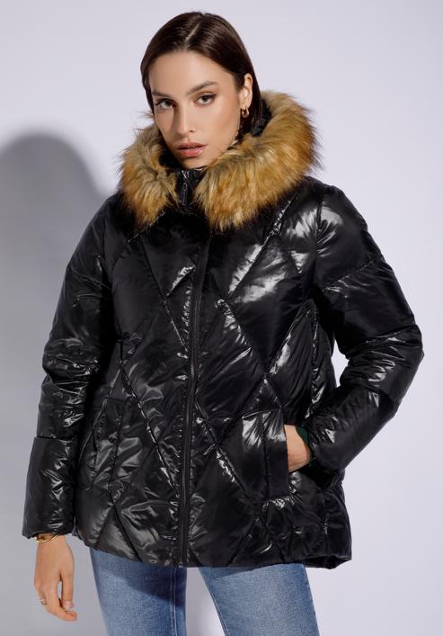 Gesteppte trapezförmige Daunensteppjacke für Damen, schwarz, 95-9D-406-1-S, Bild 1